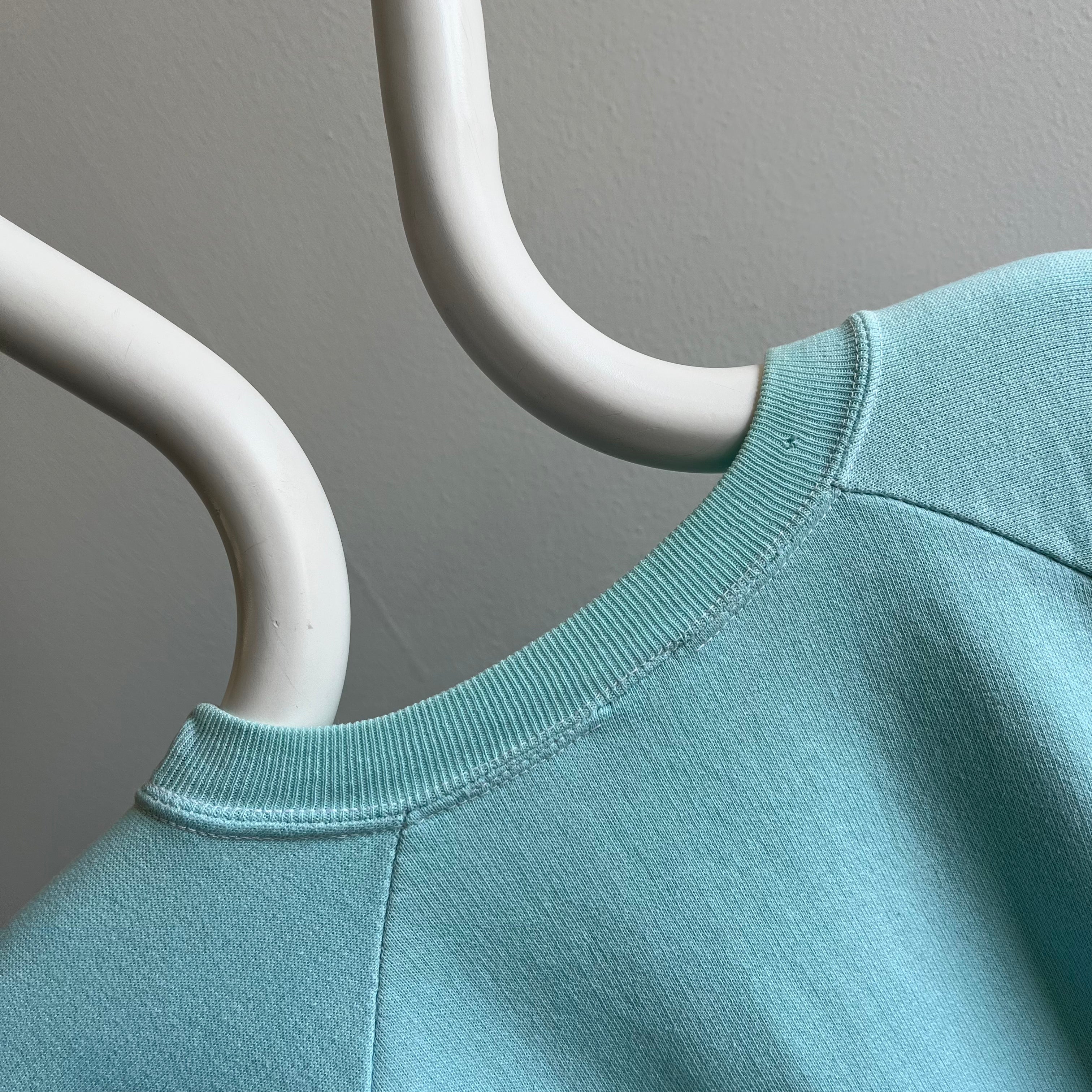 1970s Faded Seafoam Green/Blue Cotton!! Stained Sweatshirt