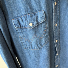 1990s Dark Wash Denim Wrangler Cowboy Snap Front Shirt