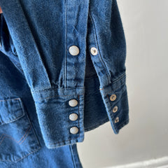 1990s Dark Wash Denim Wrangler Cowboy Snap Front Shirt