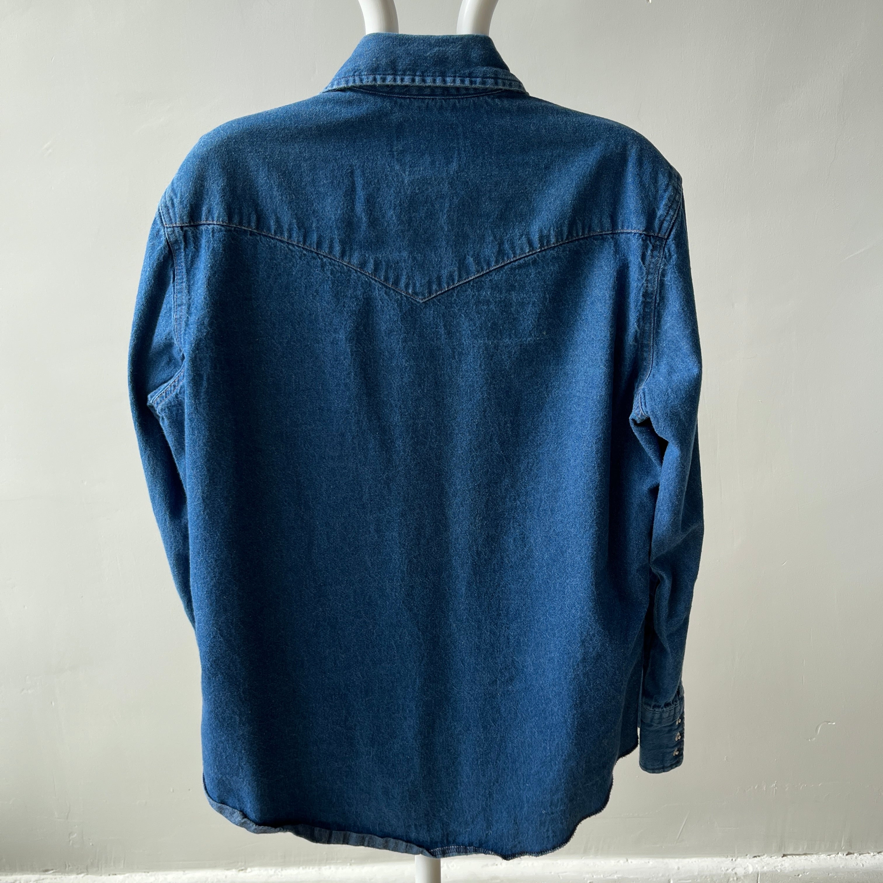 1990s Dark Wash Denim Wrangler Cowboy Snap Front Shirt