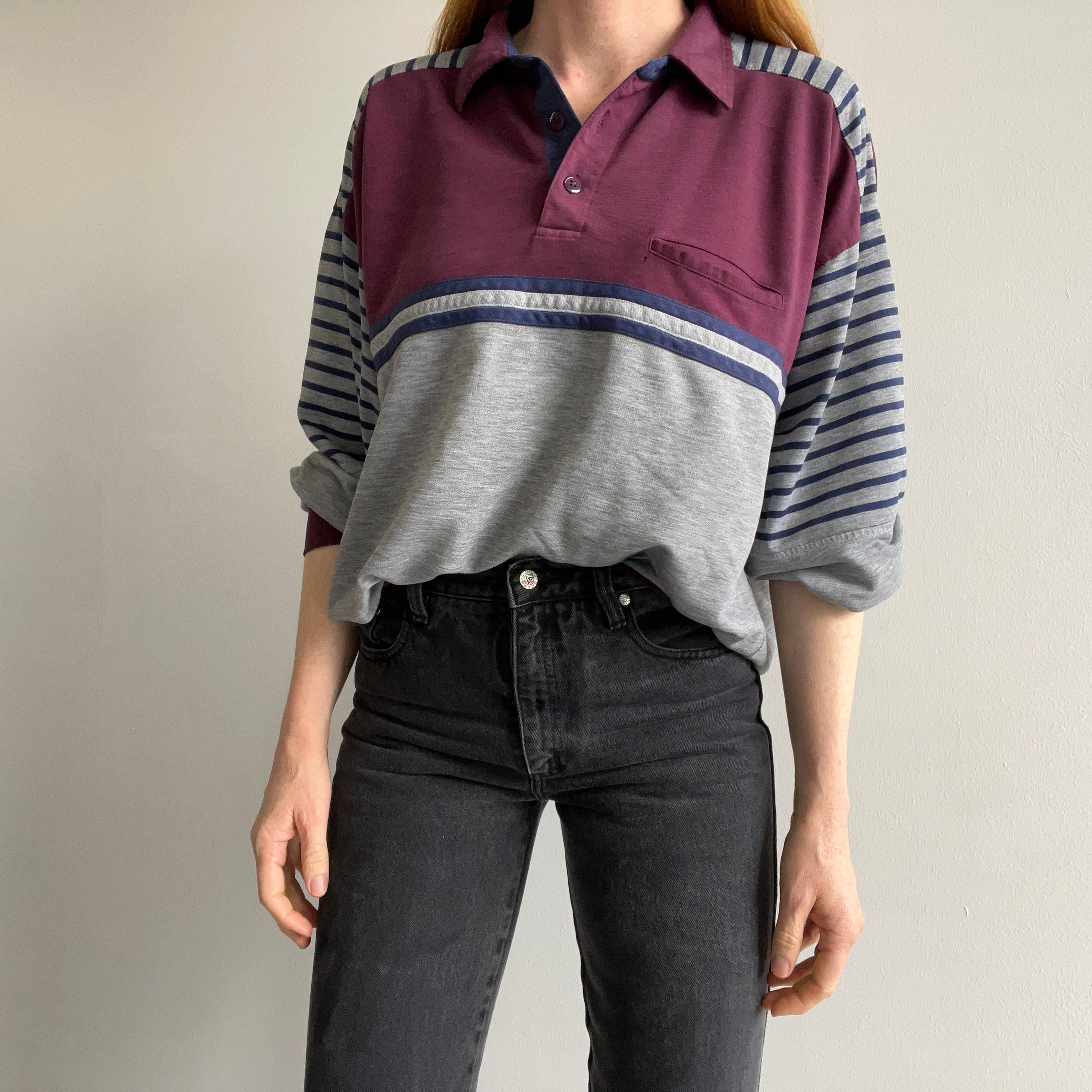 1980s Color Block Striped Lightweight Long Sleeve Shirt/Sweatshirt Polo