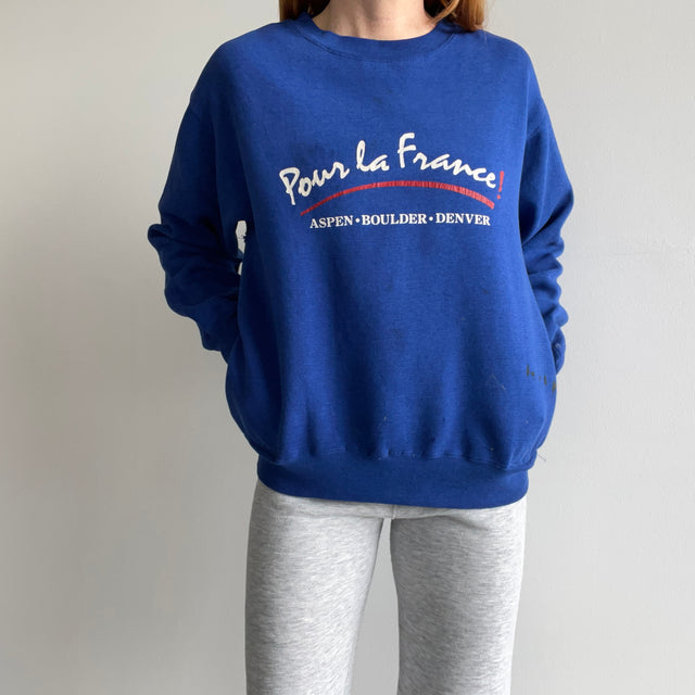 1980/90s Pour La France - Aspen, Boulder, Denver - Beat Up Paint Stained Sweatshirt with Pockets!