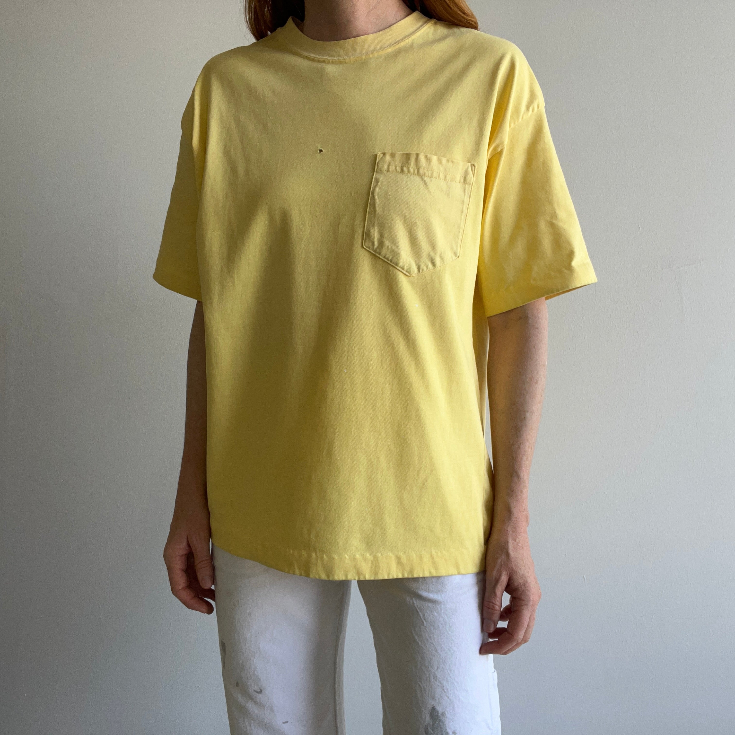 1990s Faded Liberty Mutual Yellow Blank Pock T-Shirt (Can you tell I'm watching local news?)