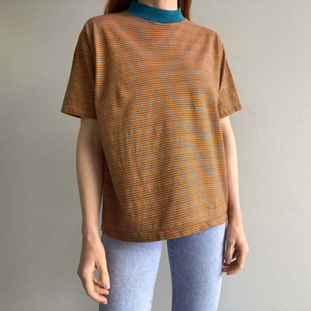 1970s Orange and Blue Striped Cotton T-Shirt