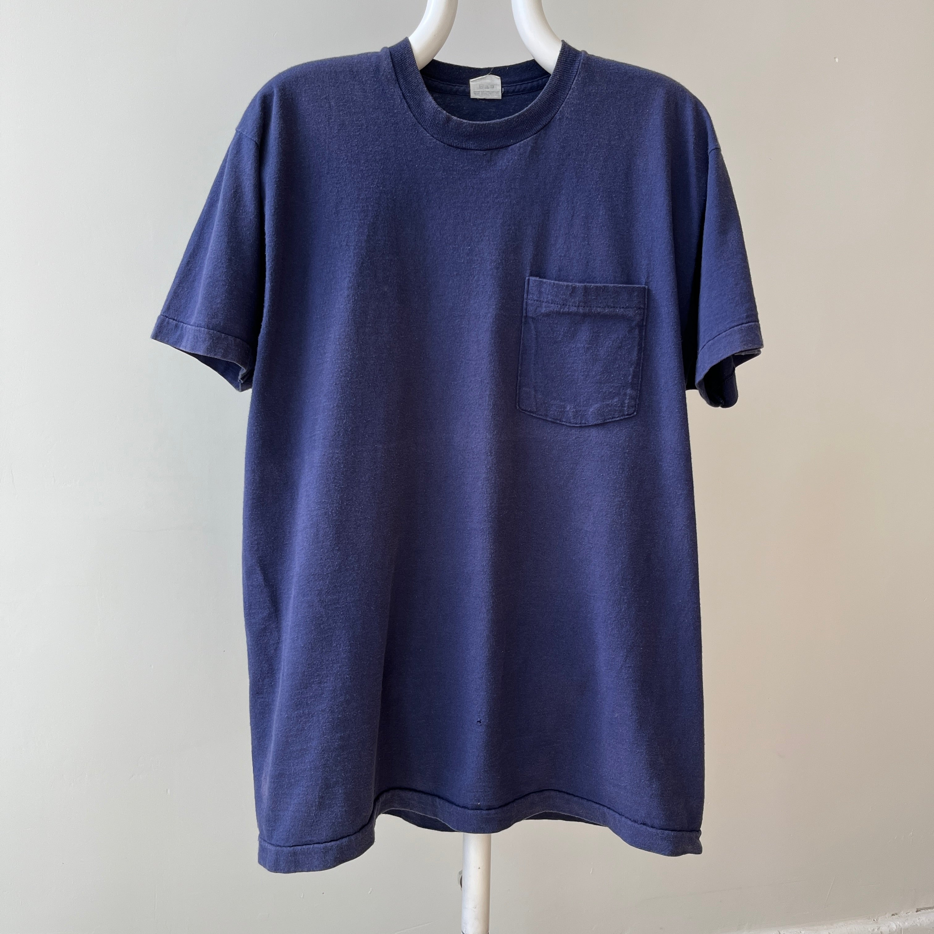 1990s Classic Blank Navy Selvedge Pocket Cotton T-Shirt by FOTL