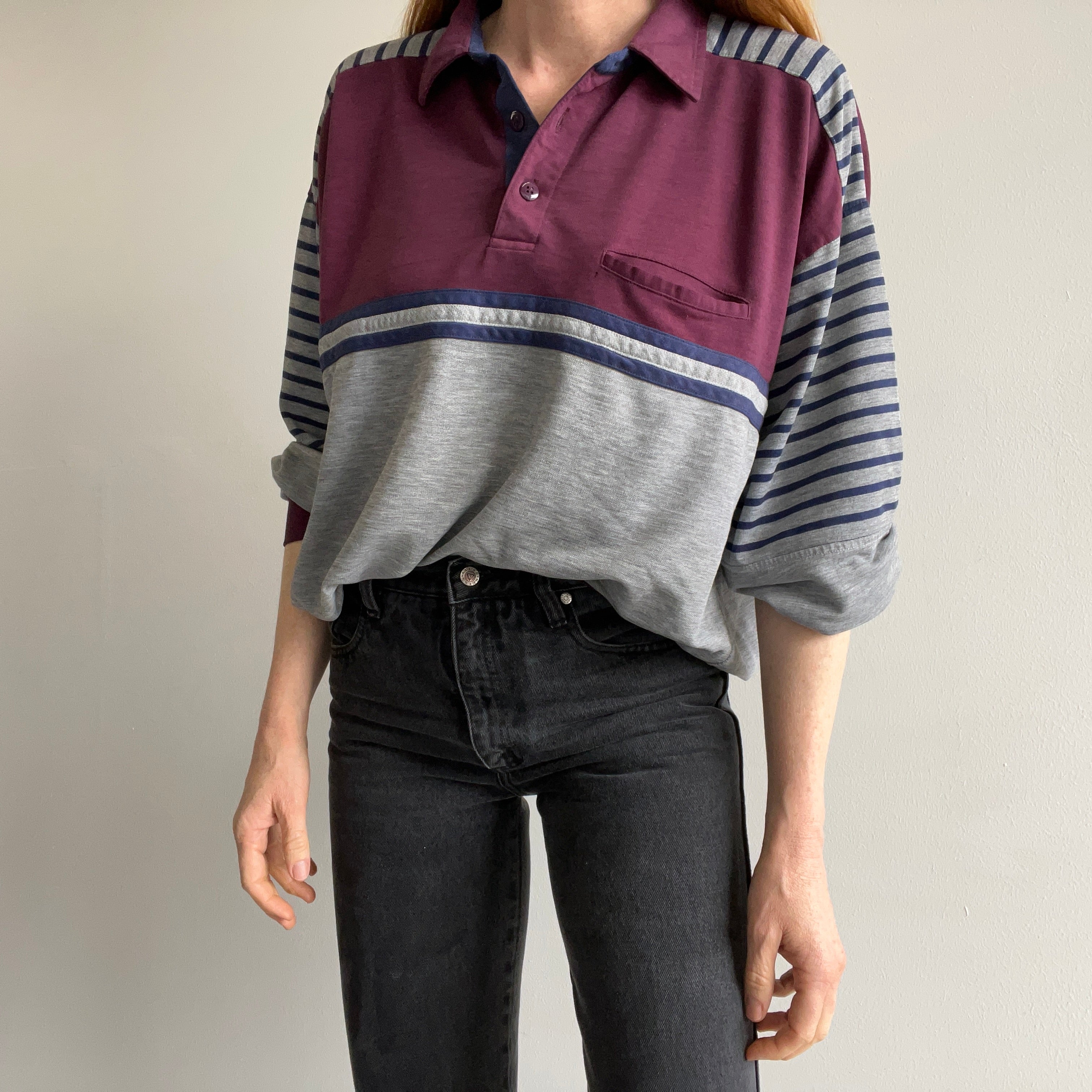 1980s Color Block Striped Lightweight Long Sleeve Shirt/Sweatshirt Polo