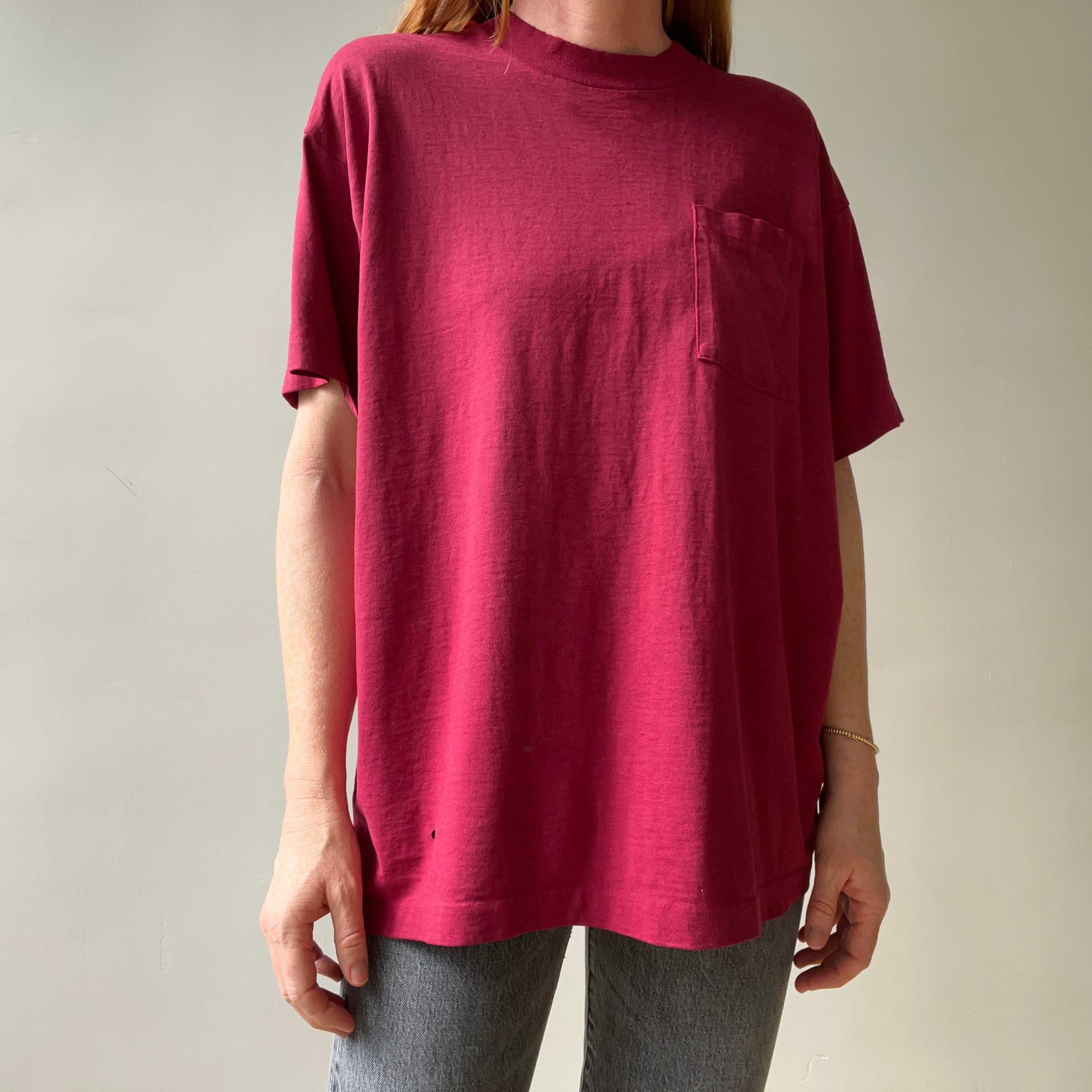 1980s Blank Burgundy Pocket T Shirt