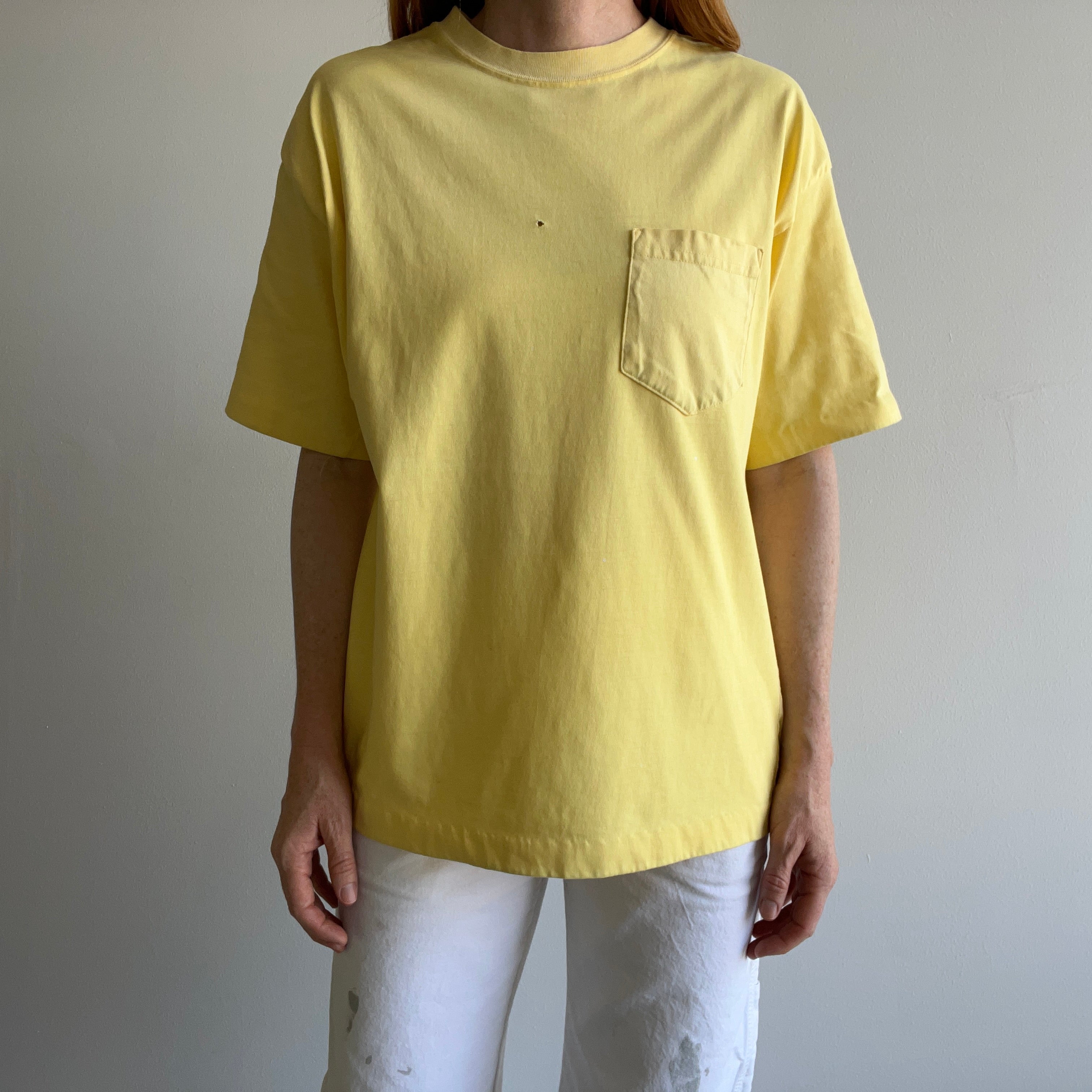 1990s Faded Liberty Mutual Yellow Blank Pock T-Shirt (Can you tell I'm watching local news?)