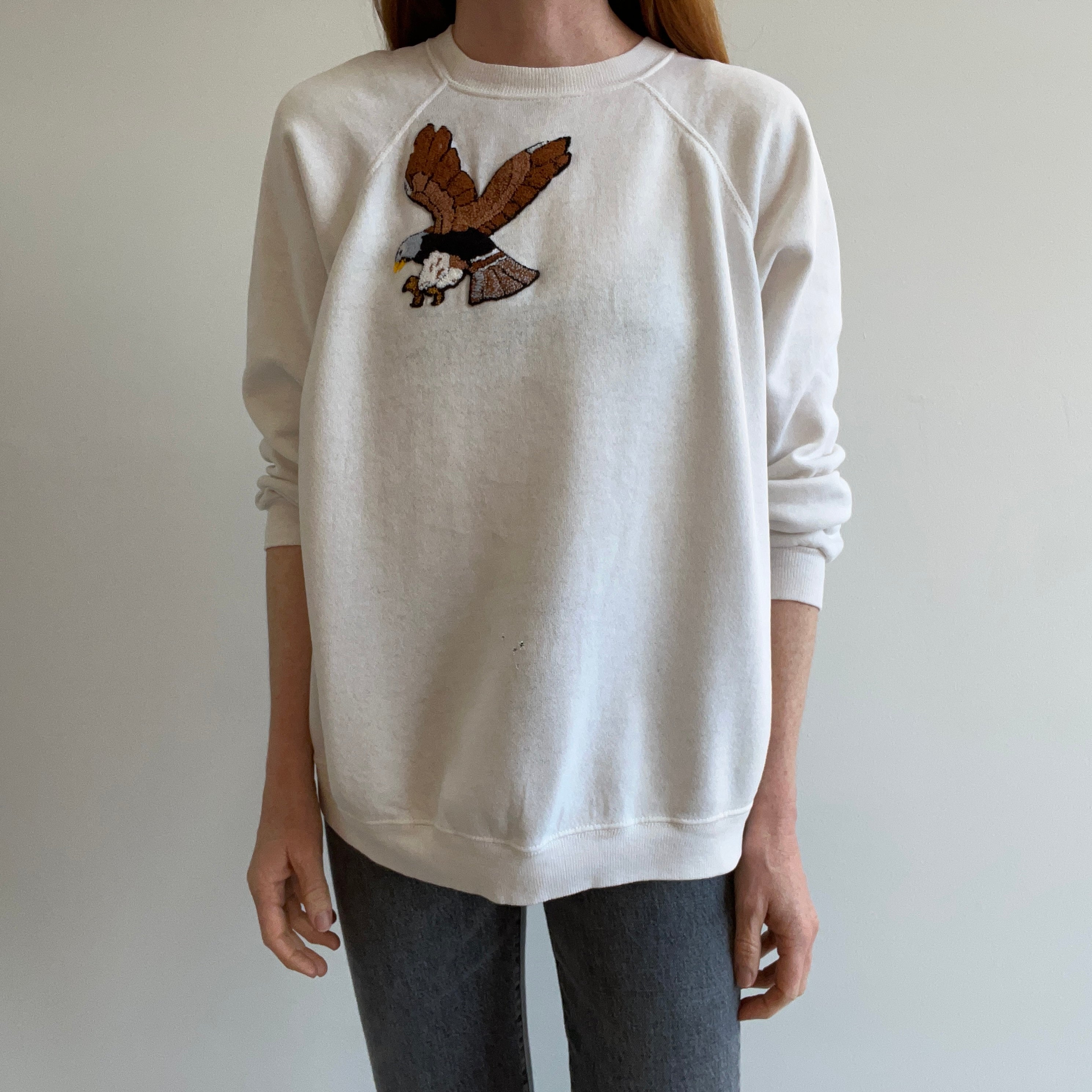 1980s DIY Eagle On A Thinned Out HHW White Sweatshirt