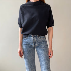 1980s Blank Black Warm Up Short Sleeve Sweatshirt