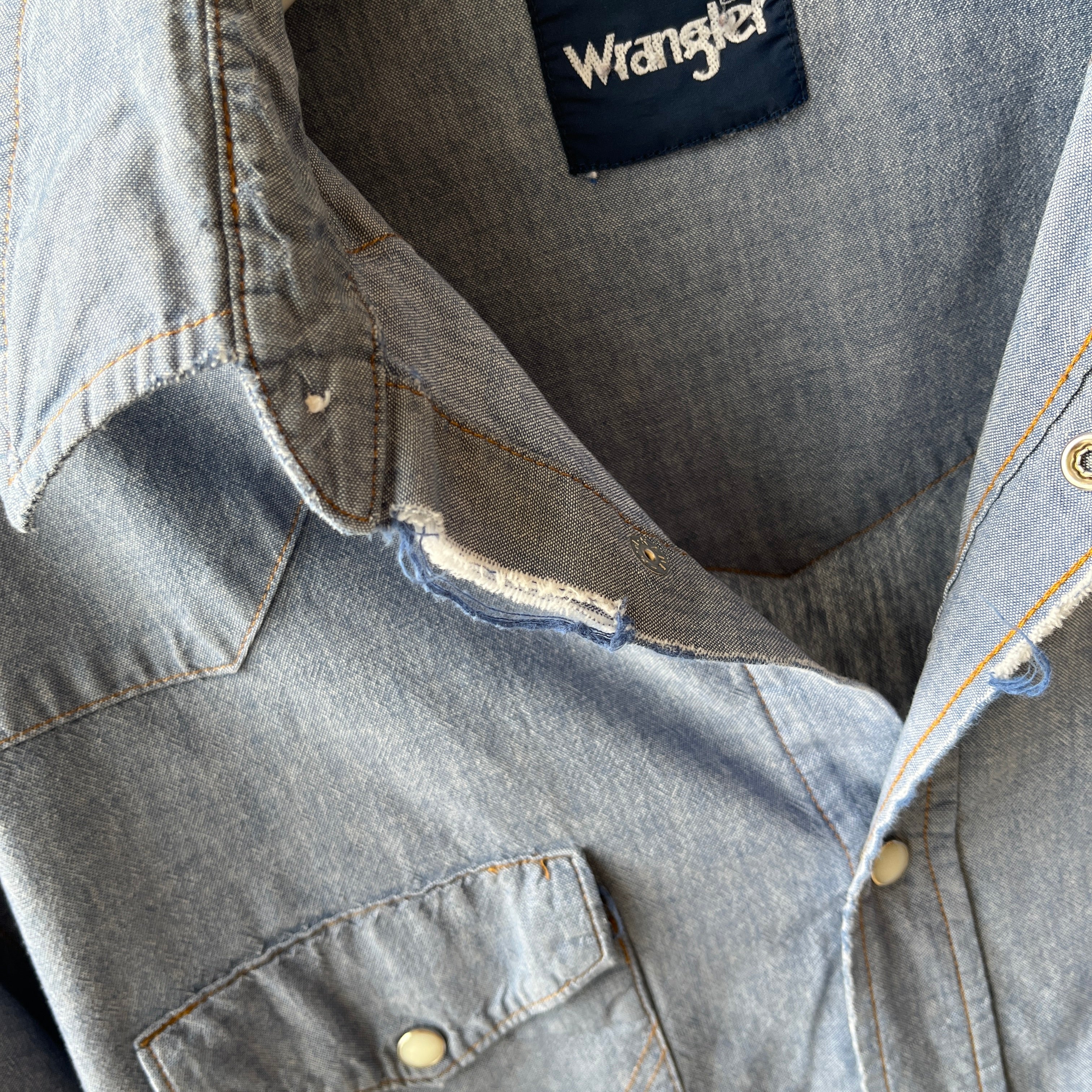 2010s Not Vintage Lightweight Destroyed Wrangler Denim Cowboy Shirt - Extra Long