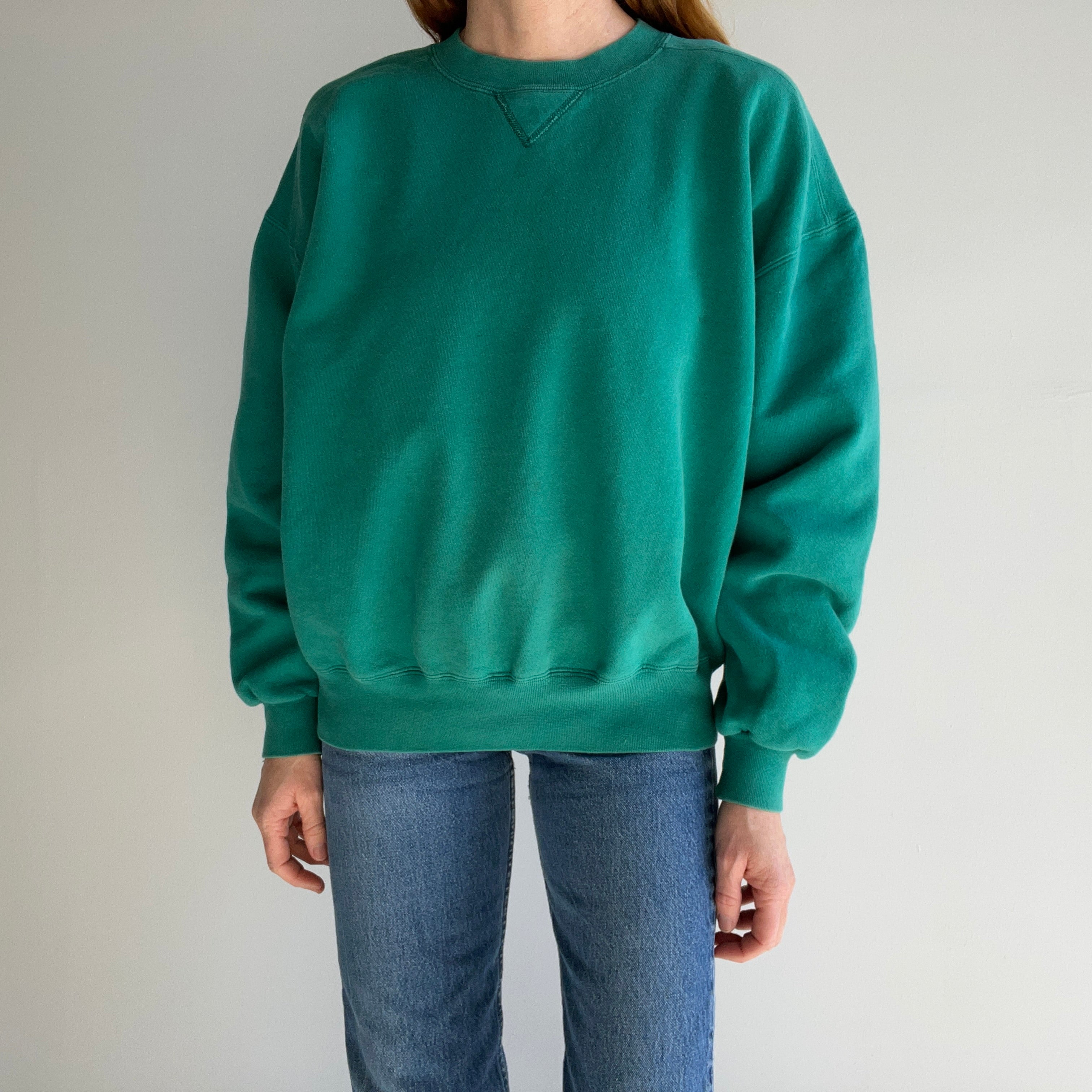 1990s Russell Brand Mostly Cotton Faded Green Single V Structured Sweatshirt