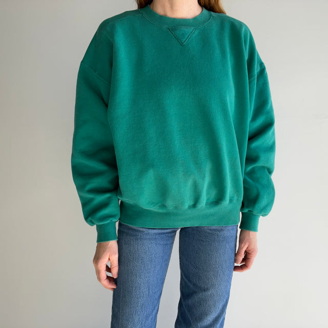 1990s Russell Brand Mostly Cotton Faded Green Single V Structured Sweatshirt