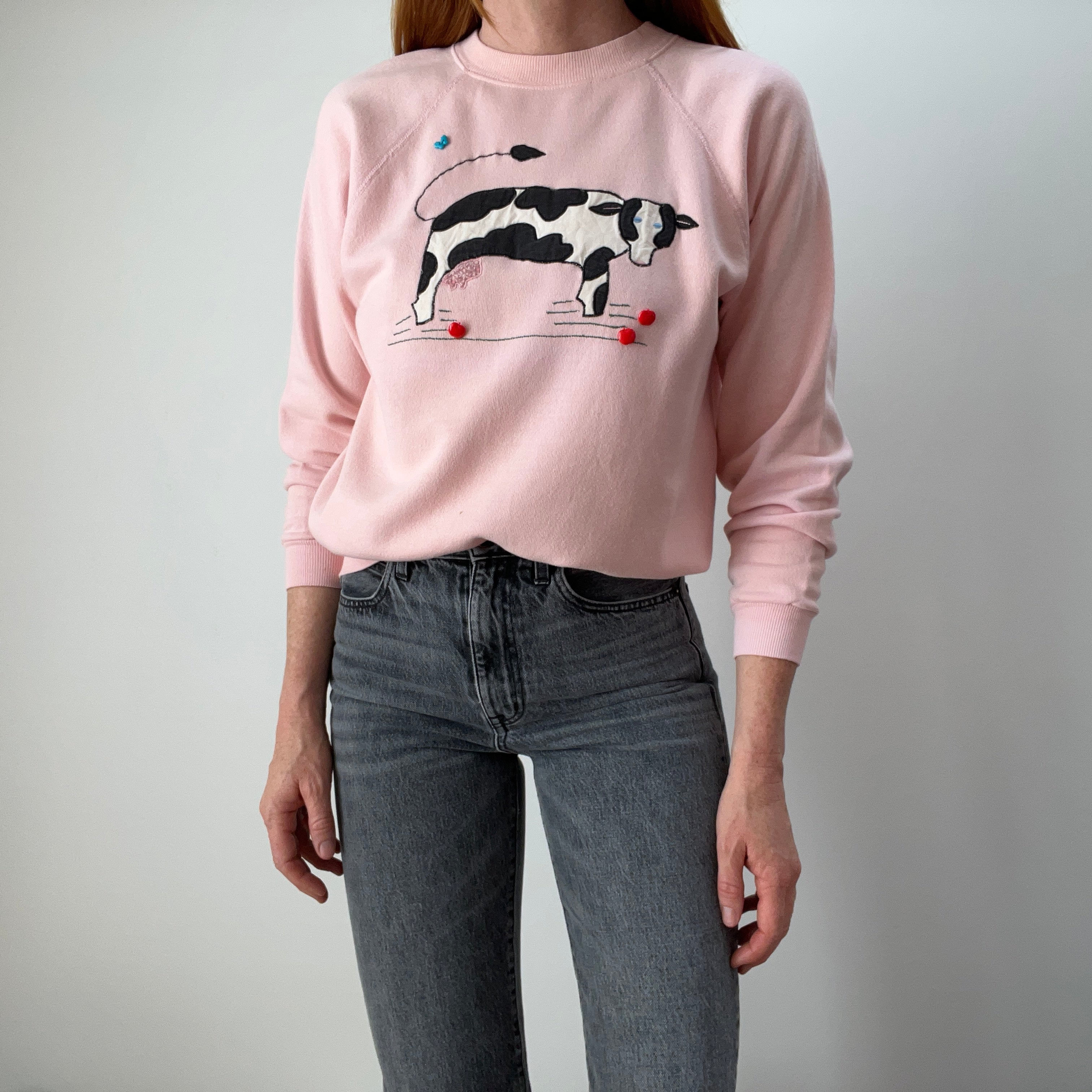 1980s DIY Quilted Cow Sweatshirt with Apple and Butterfly Buttons