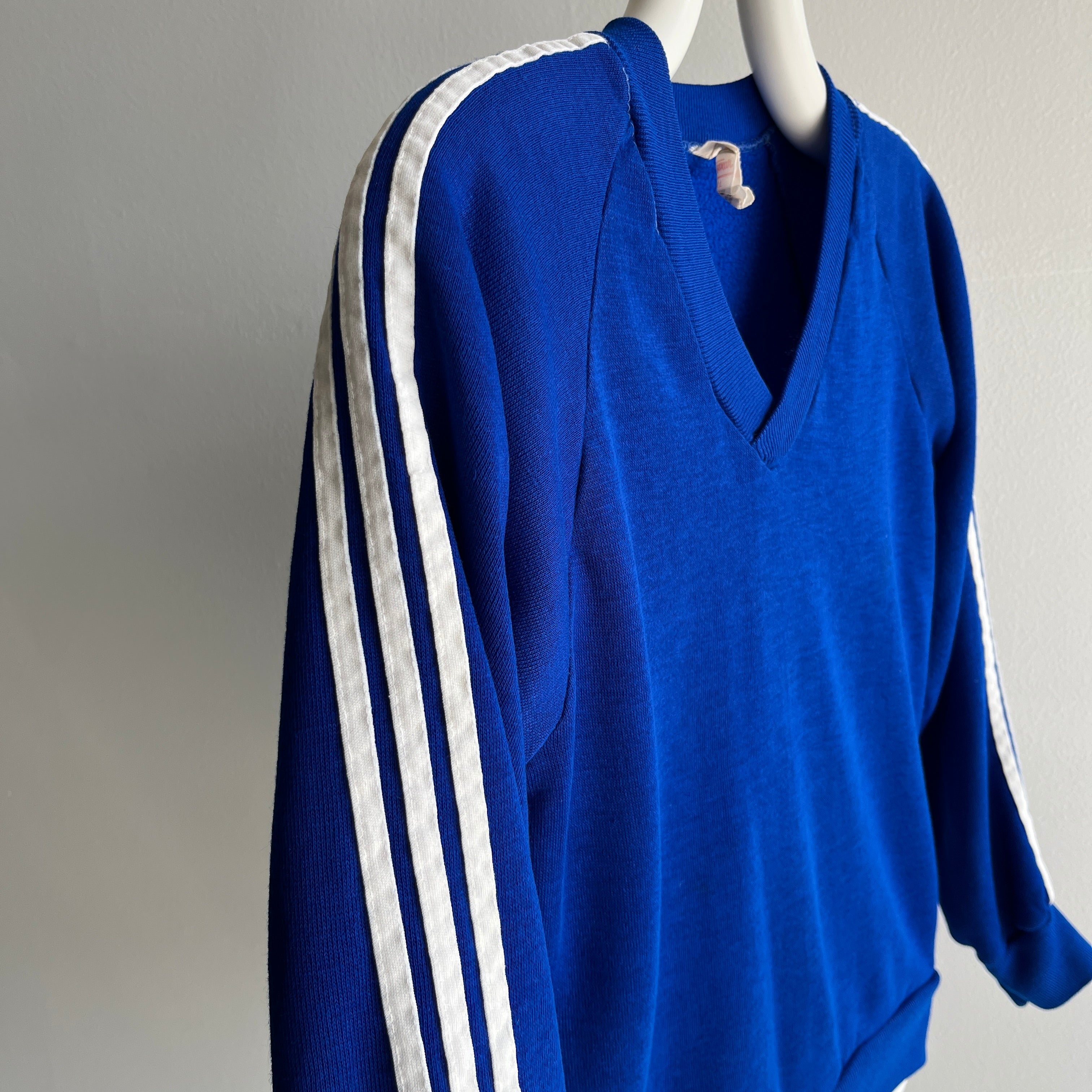 1970s Triple Stripe V-Neck Royal Blue by Sportswear Sweatshirt