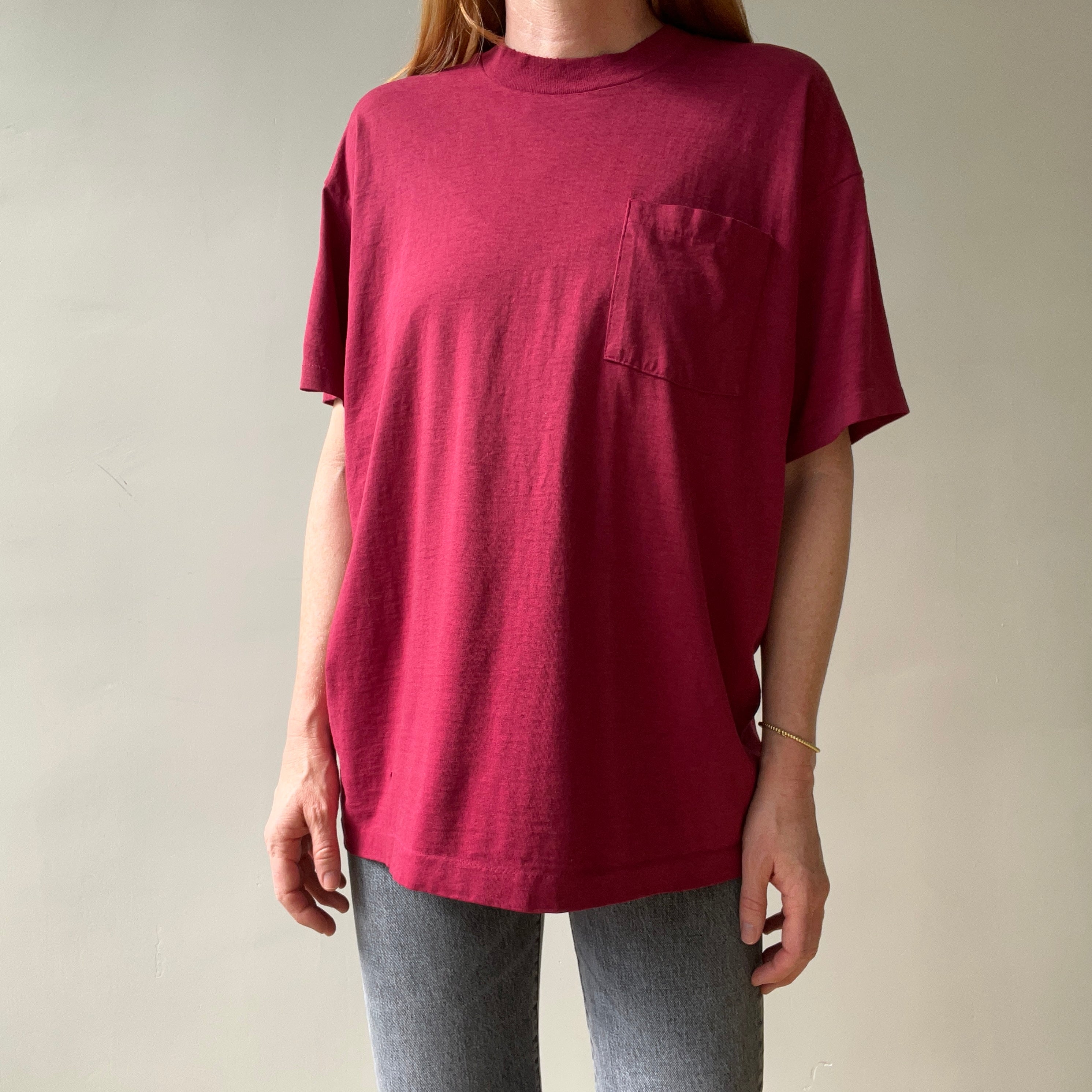 1980s Blank Burgundy Pocket T Shirt