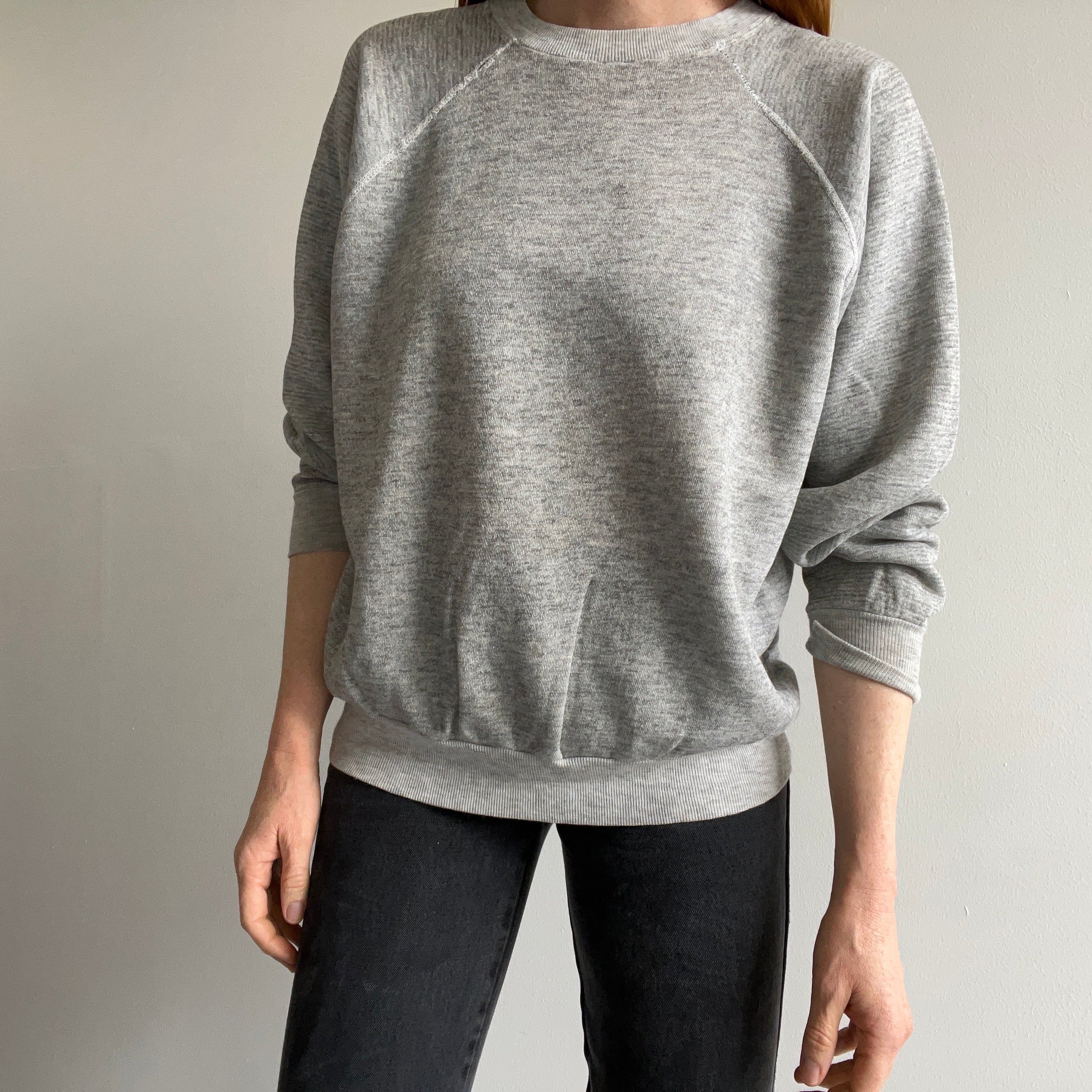 1980s Blank Thinned Out Gray Worn Raglan