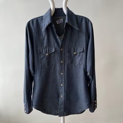 1970s Big Smith Slouchy Denim Cowboy Snap Front Shirt with Amber Colored Snaps and WOW Collar Points