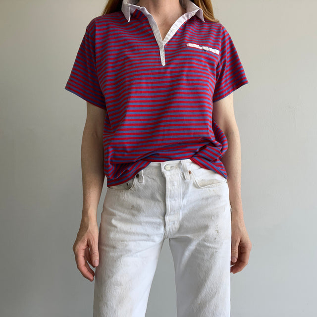 1980s Red, White and Blue Striped Polo Shirt