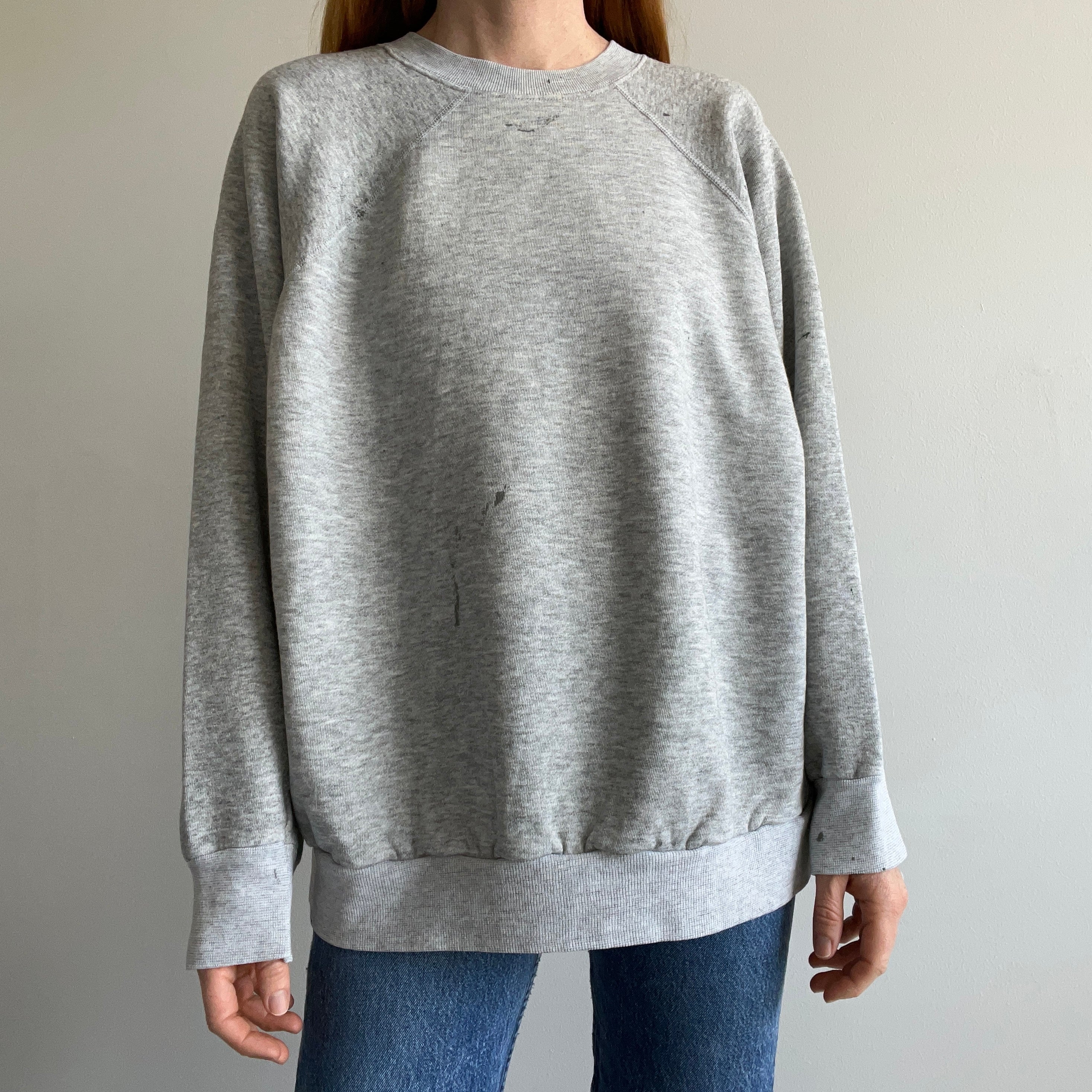 1990s Relaxed Paint Stained Cozy Gray Sweatshirt