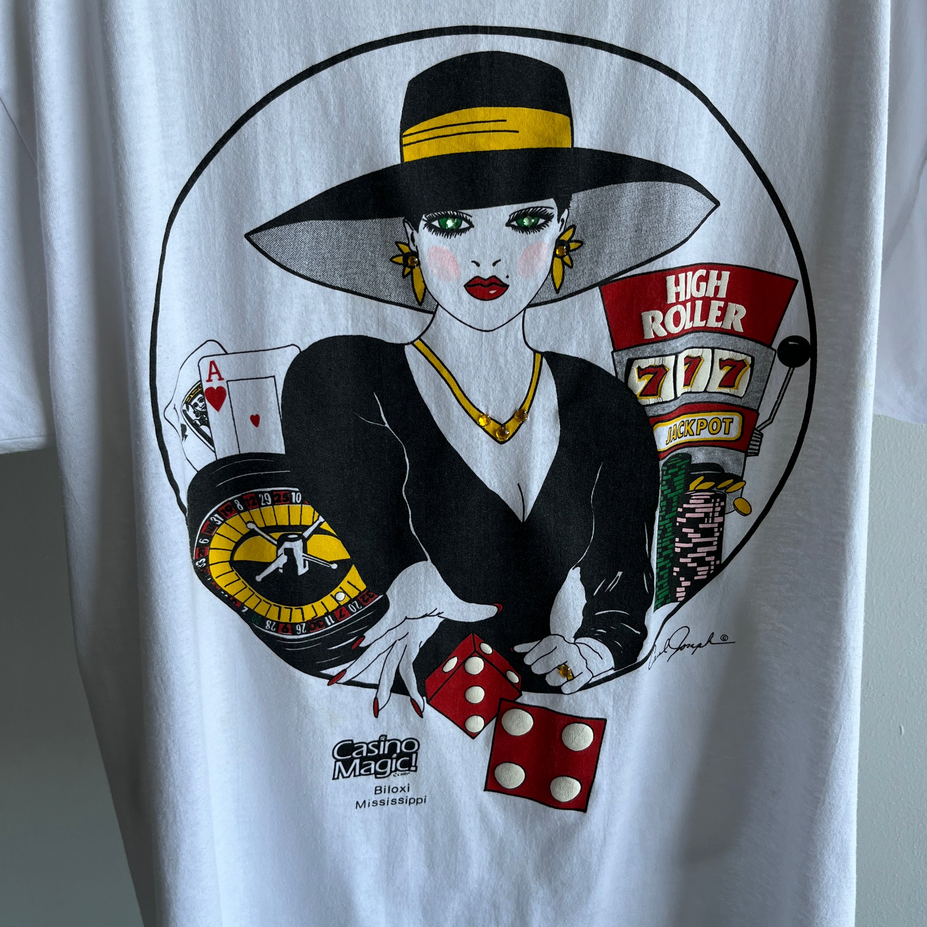 1980s Bedazzled Vegas Lady Playing The Slots - Cut Sleeves - T-Shirt