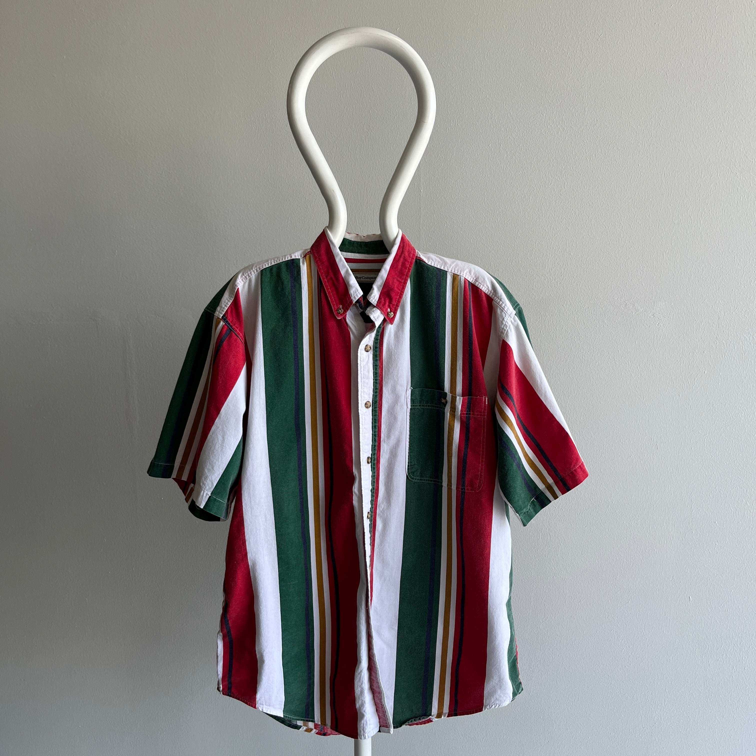 1990s Cotton Short Sleeve Button Down Vertical Stripe Shirt
