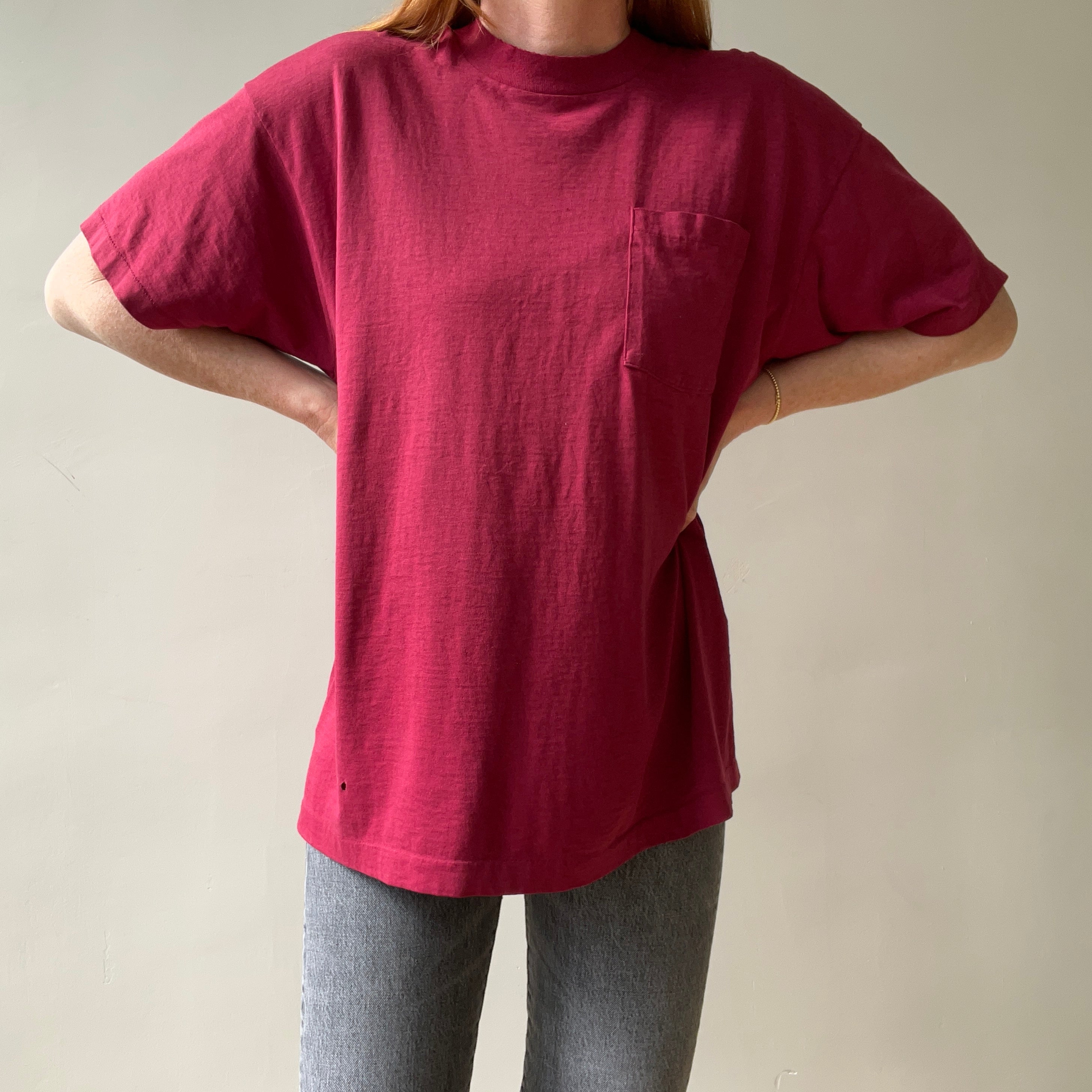 1980s Blank Burgundy Pocket T Shirt