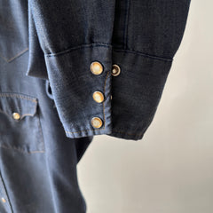 1970s Big Smith Slouchy Denim Cowboy Snap Front Shirt with Amber Colored Snaps and WOW Collar Points