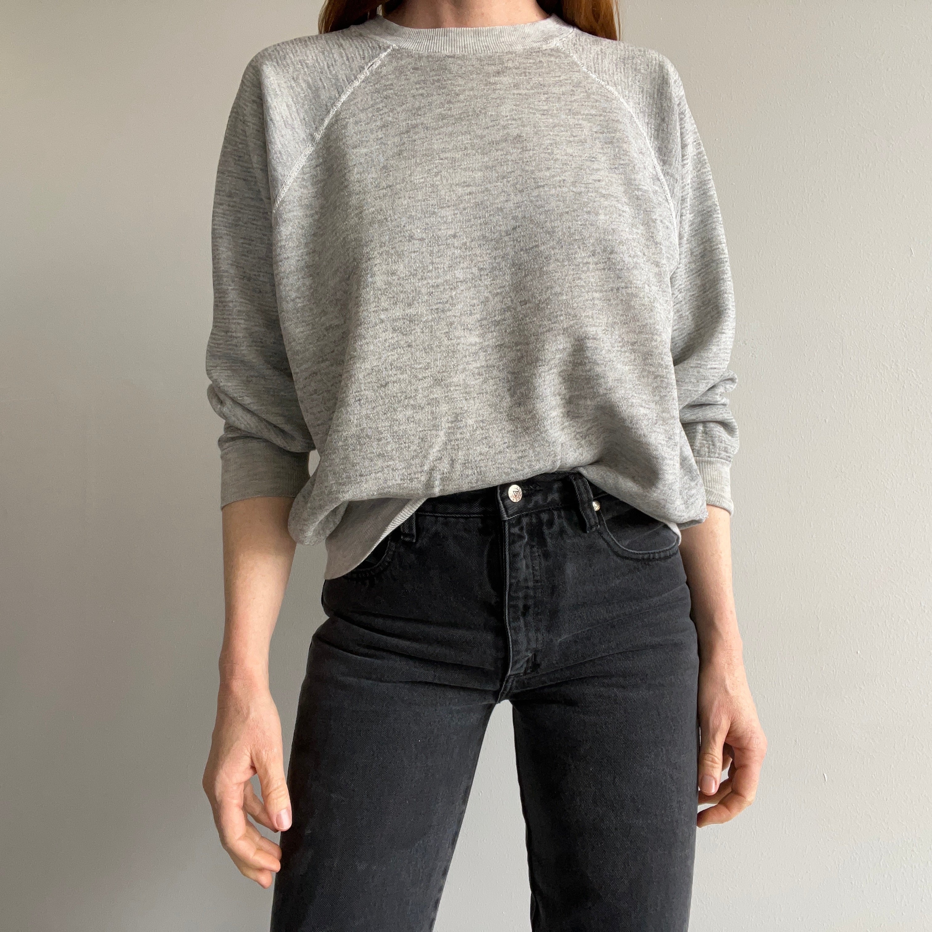 1980s Blank Thinned Out Gray Worn Raglan