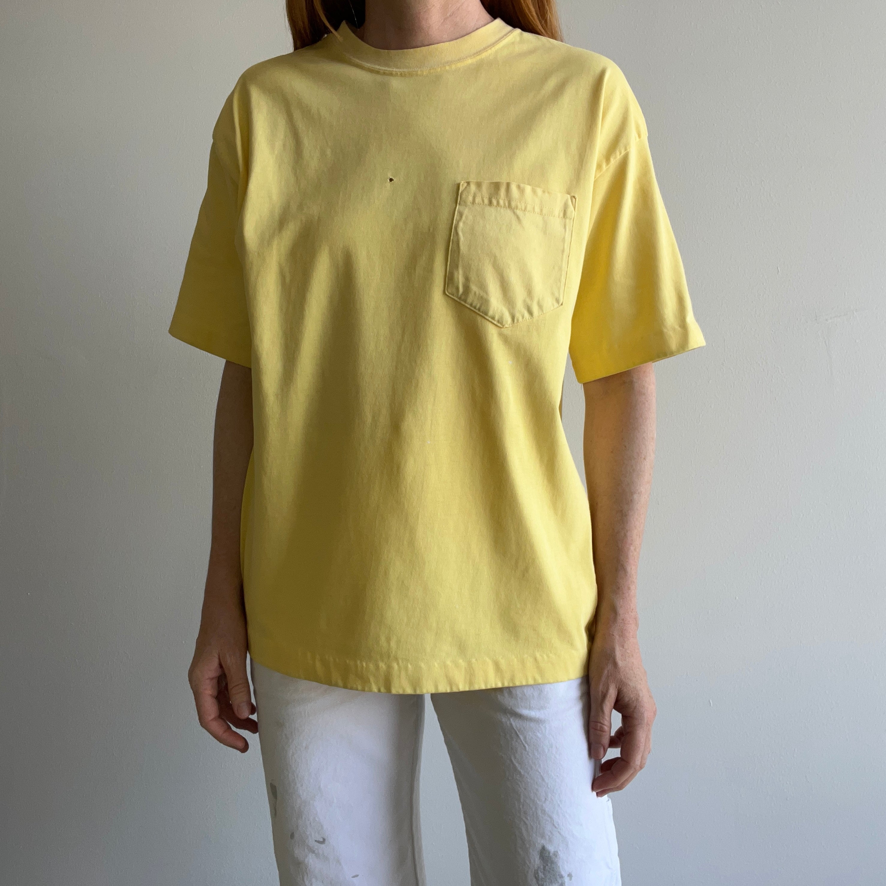 1990s Faded Liberty Mutual Yellow Blank Pock T-Shirt (Can you tell I'm watching local news?)