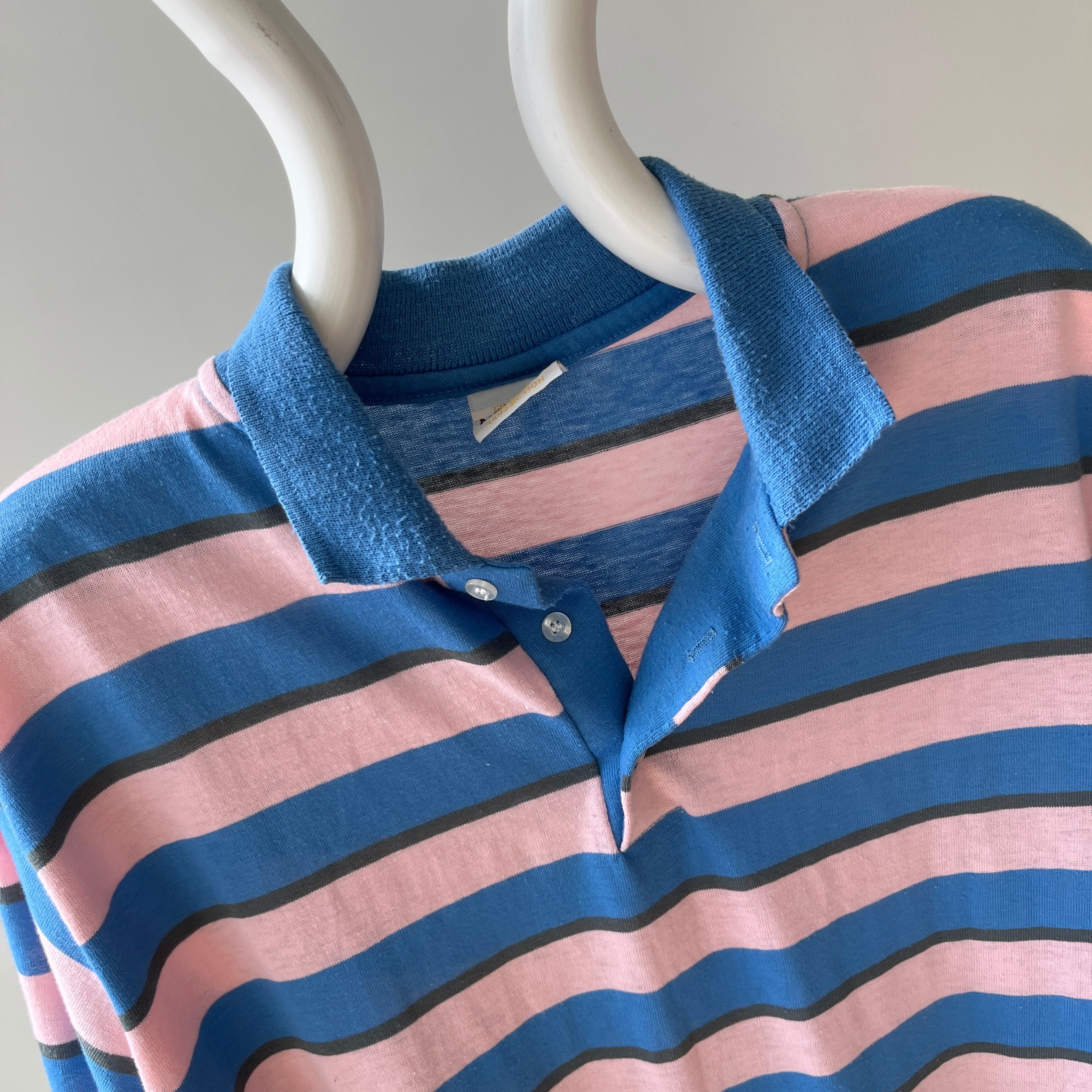 1980s Mervyn's Pink and Blue Striped Polo Shirt