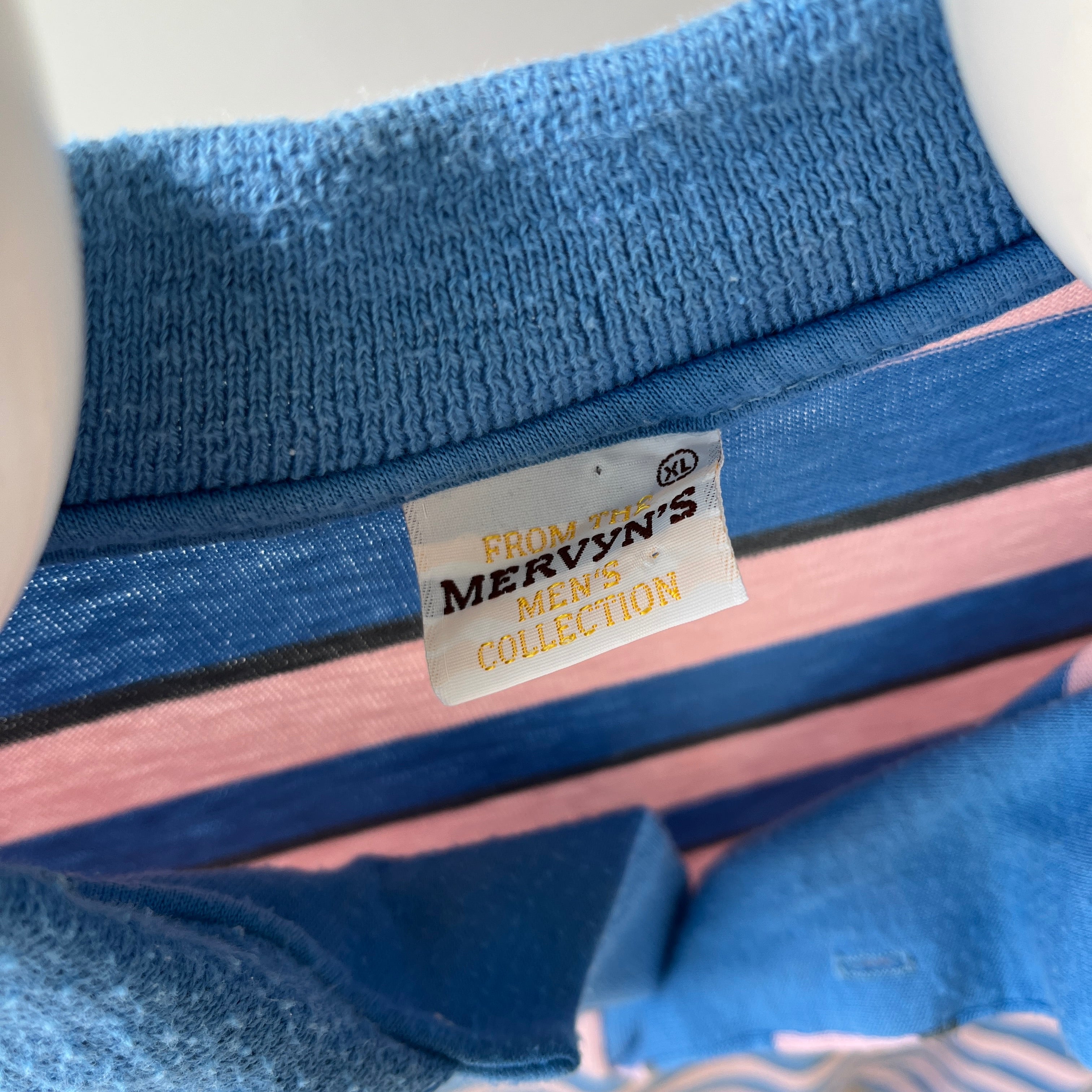 1980s Mervyn's Pink and Blue Striped Polo Shirt