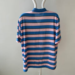 1980s Mervyn's Pink and Blue Striped Polo Shirt