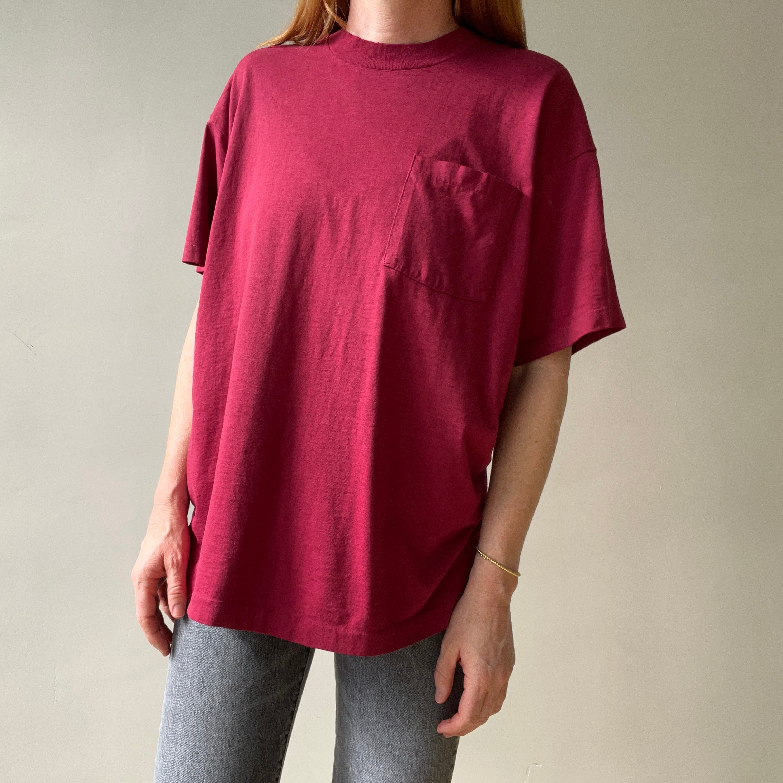 1980s Blank Burgundy Pocket T Shirt