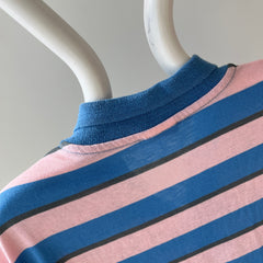 1980s Mervyn's Pink and Blue Striped Polo Shirt