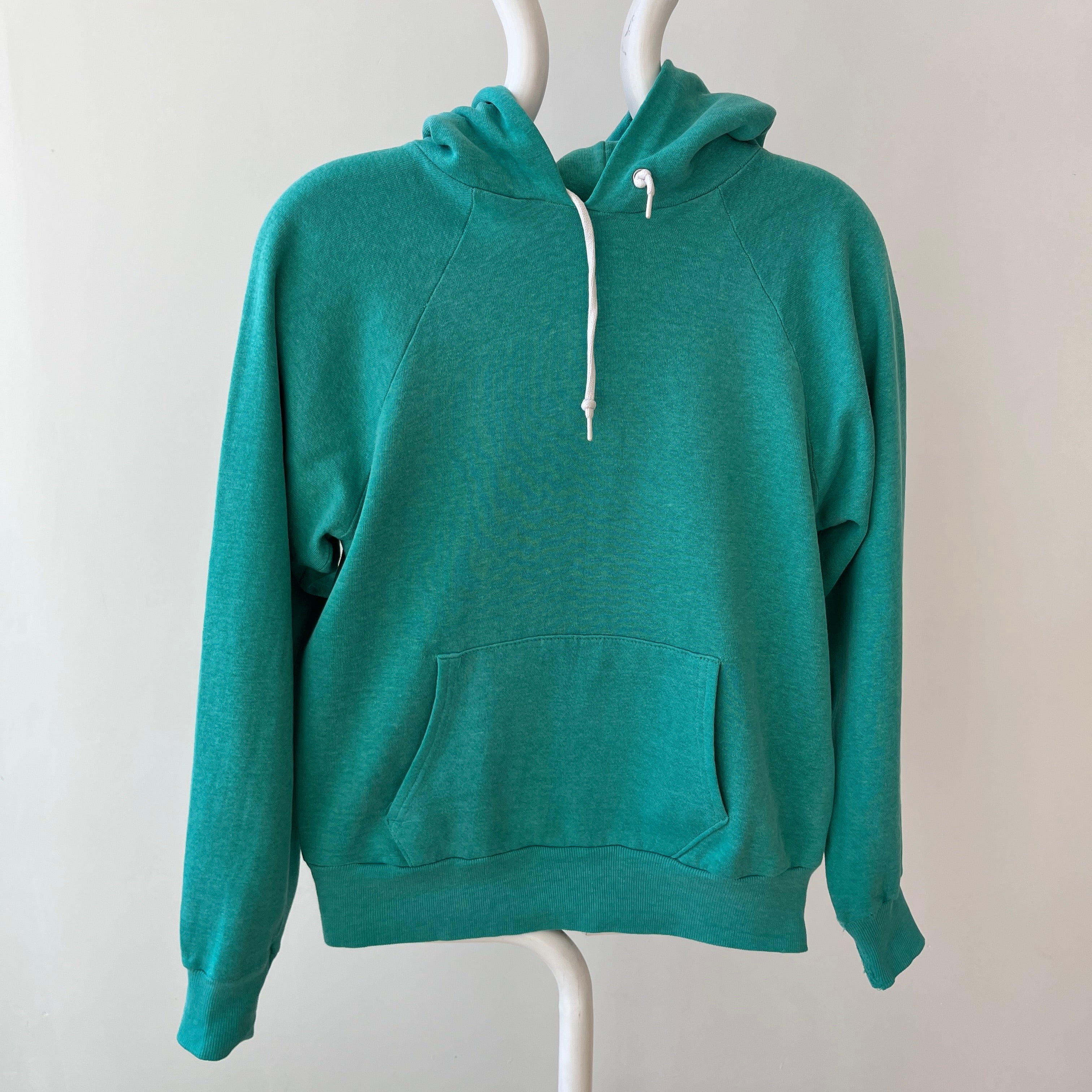 1980s Perfectly Worn and Faded Teal Pull Over Hoodie - !!!!