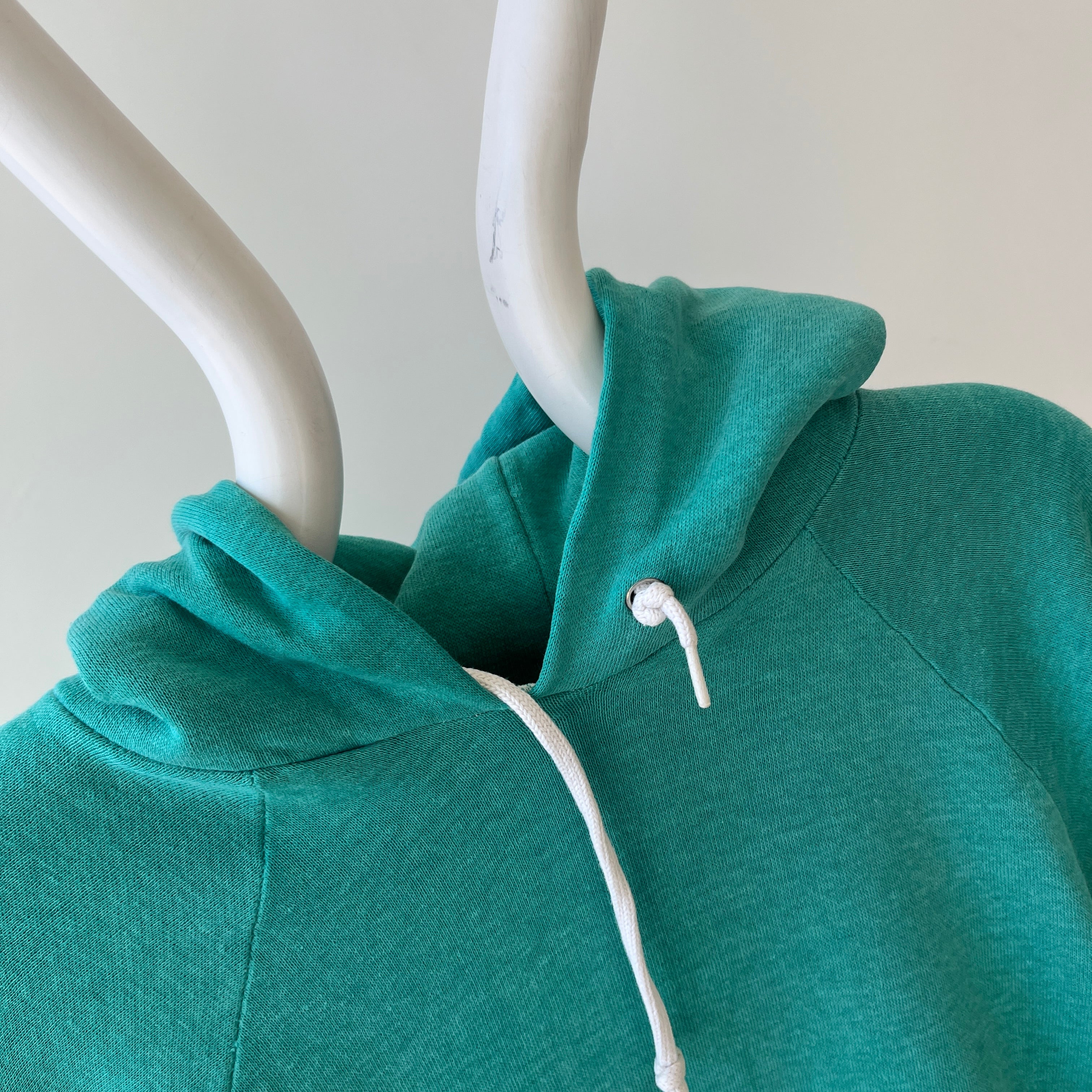 1980s Perfectly Worn and Faded Teal Pull Over Hoodie - !!!!