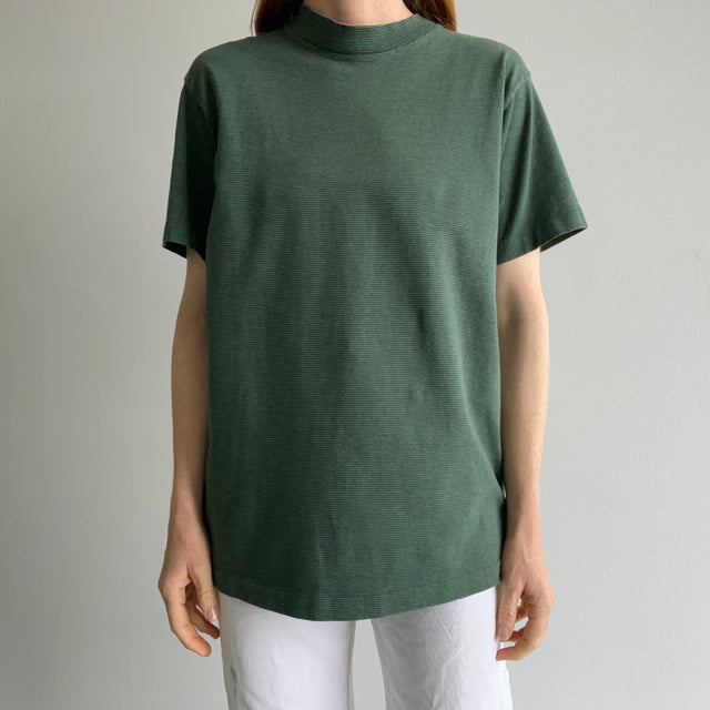 1980s Dark and Light Forest Green Pinstriped Cotton T-Shirt