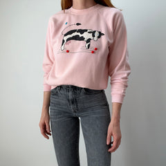 1980s DIY Quilted Cow Sweatshirt with Apple and Butterfly Buttons