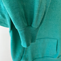 1980s Perfectly Worn and Faded Teal Pull Over Hoodie - !!!!