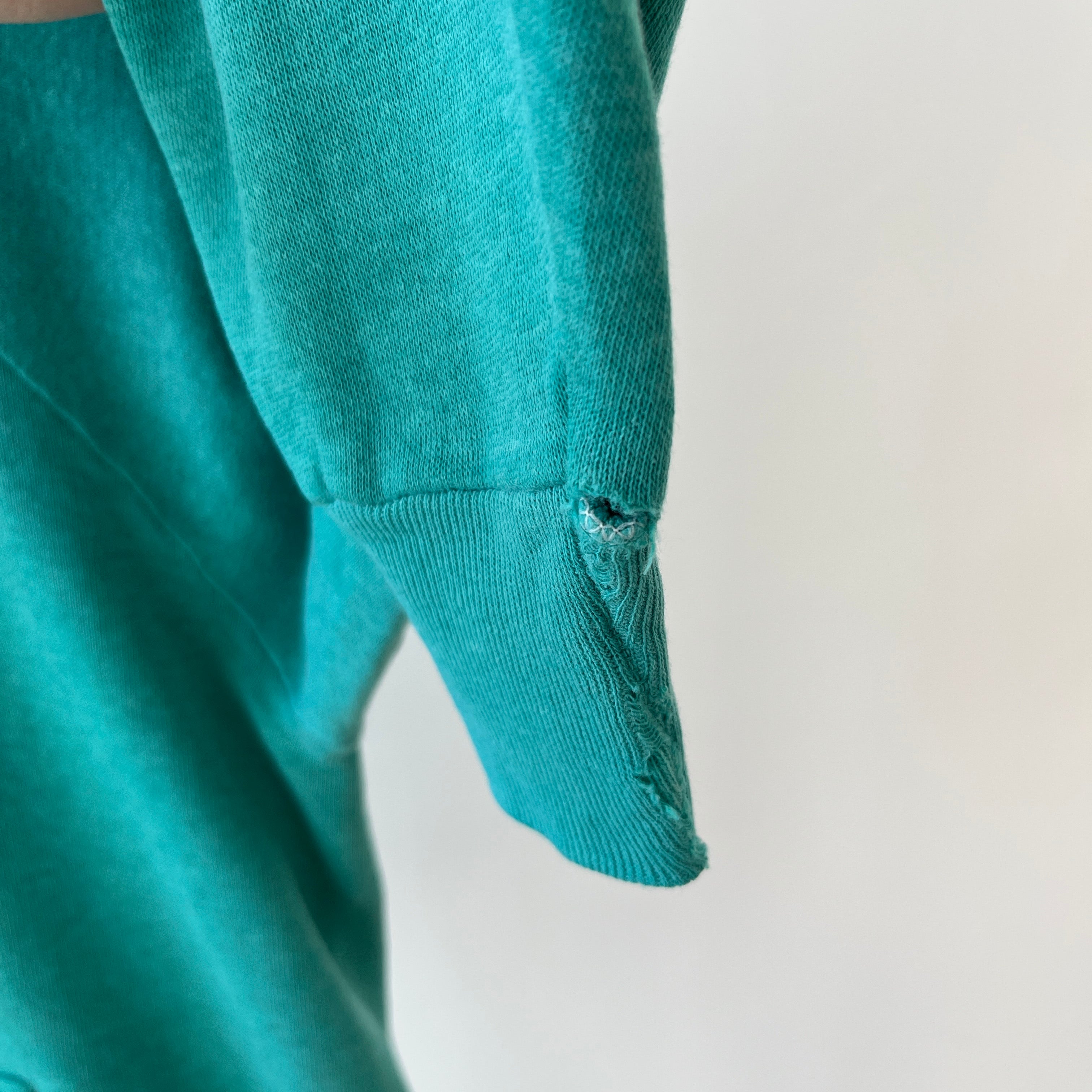 1980s Perfectly Worn and Faded Teal Pull Over Hoodie - !!!!