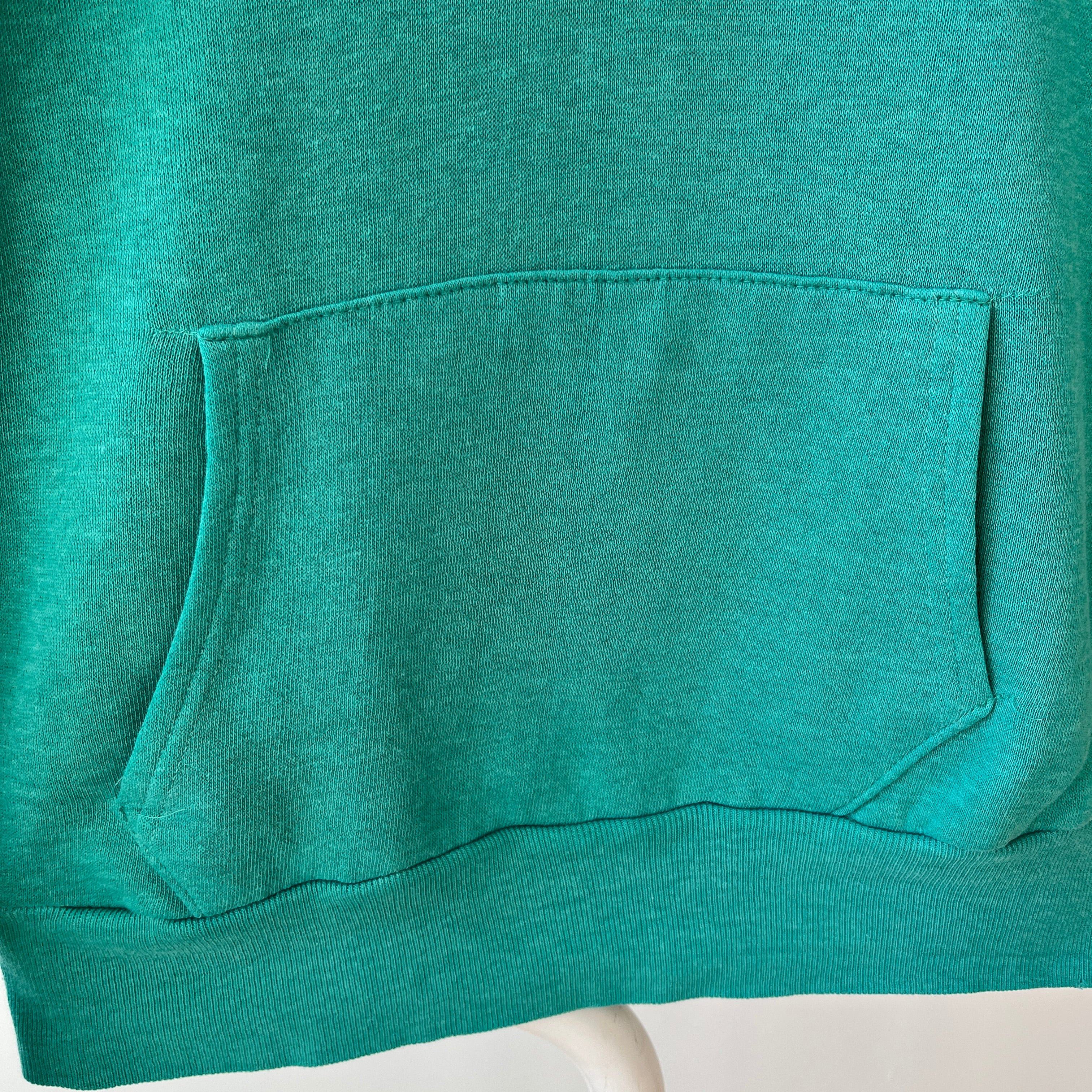 1980s Perfectly Worn and Faded Teal Pull Over Hoodie - !!!!