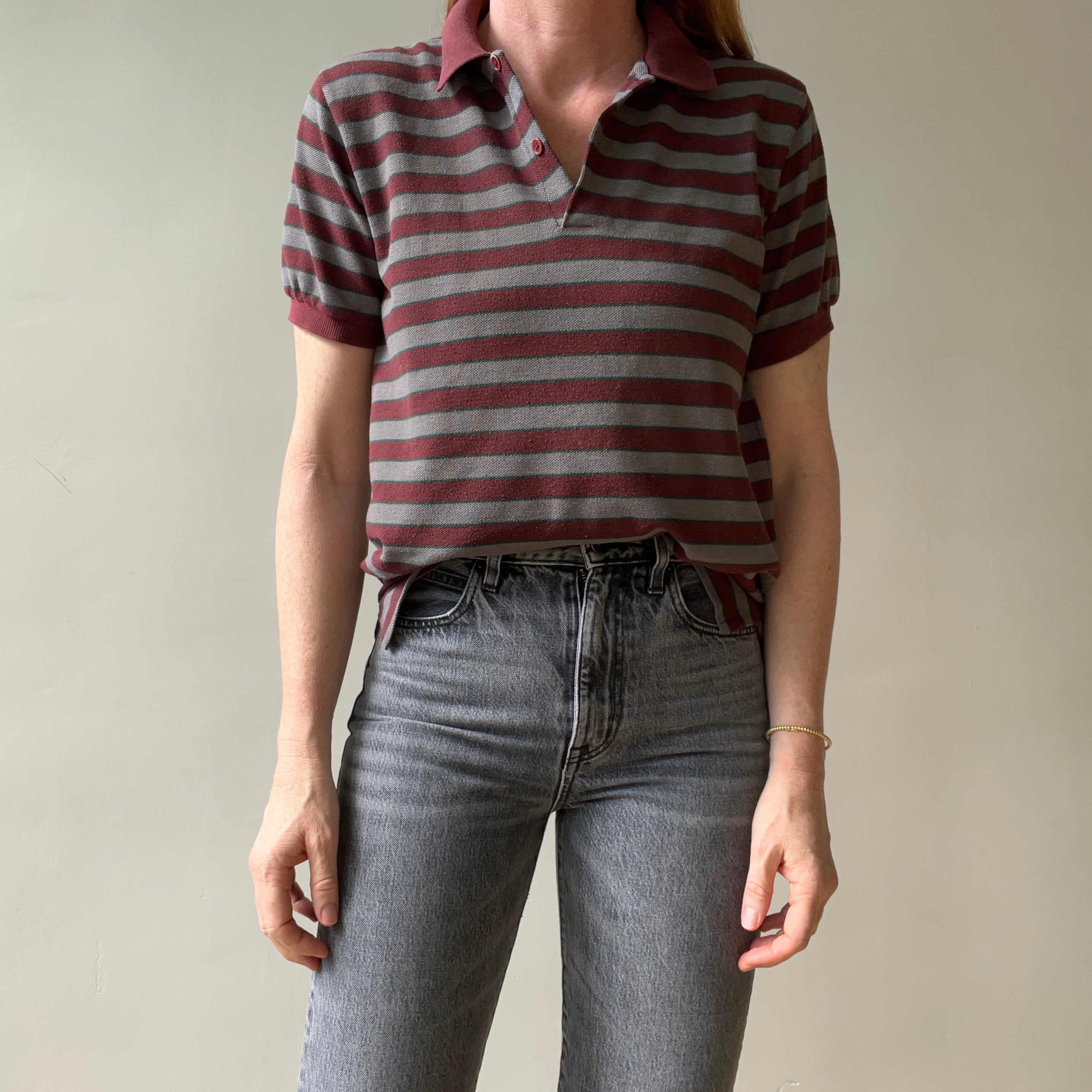 1980s Burgundy And Grey Striped Polo Style T Shirt