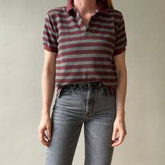 1980s Burgundy And Grey Striped Polo Style T Shirt
