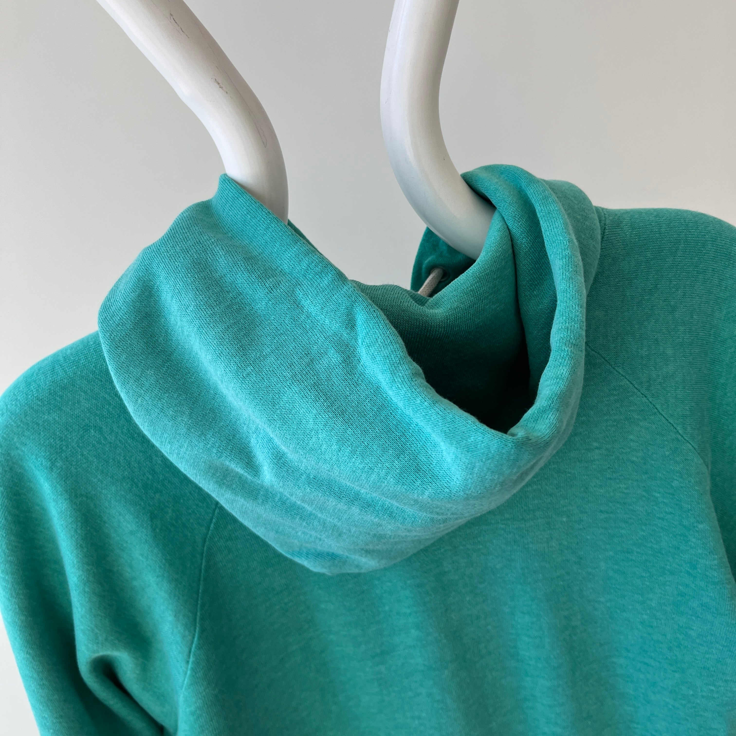 1980s Perfectly Worn and Faded Teal Pull Over Hoodie - !!!!