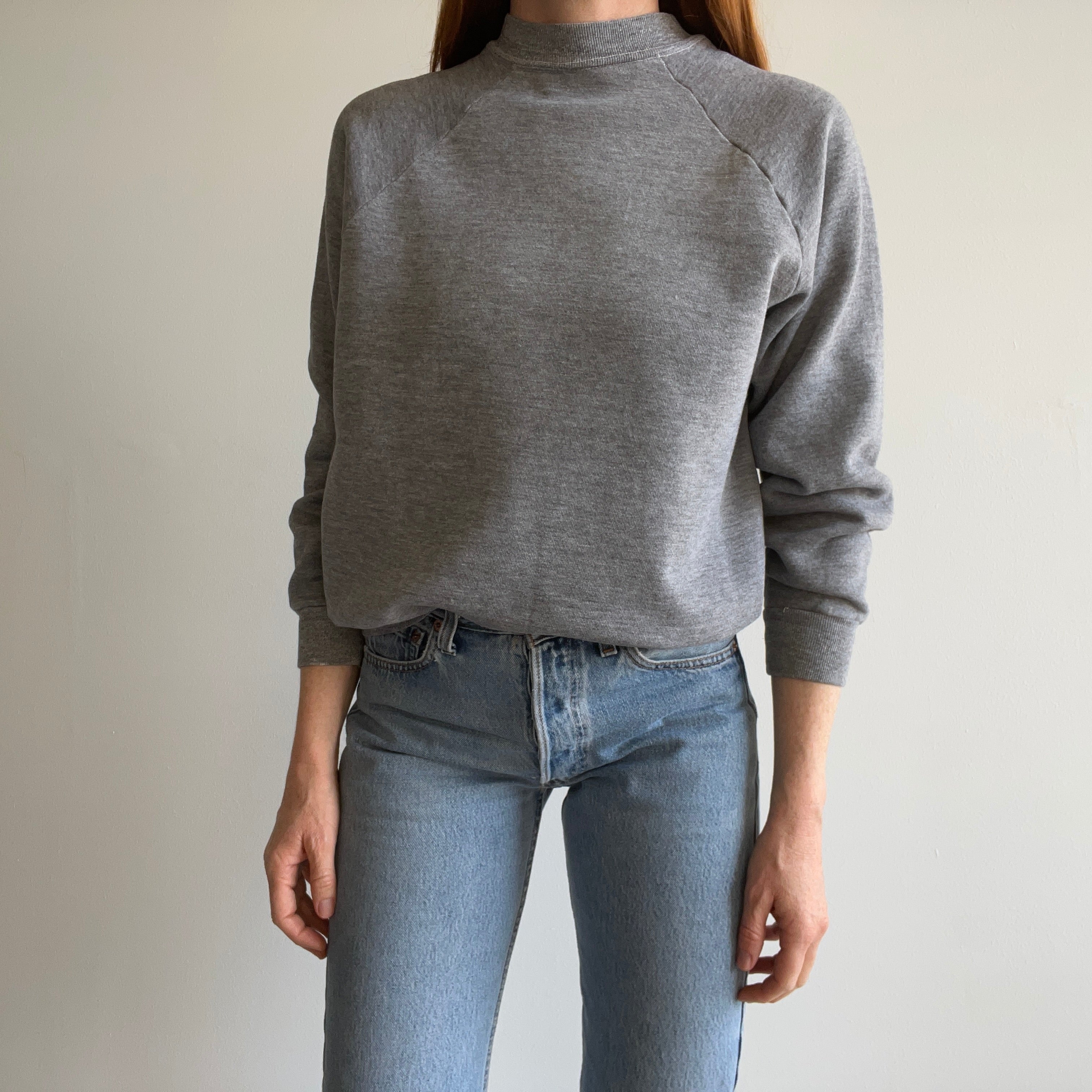 1980s Medium Gray Sweatshirt with Mending on the Back Collar - a Goodie!