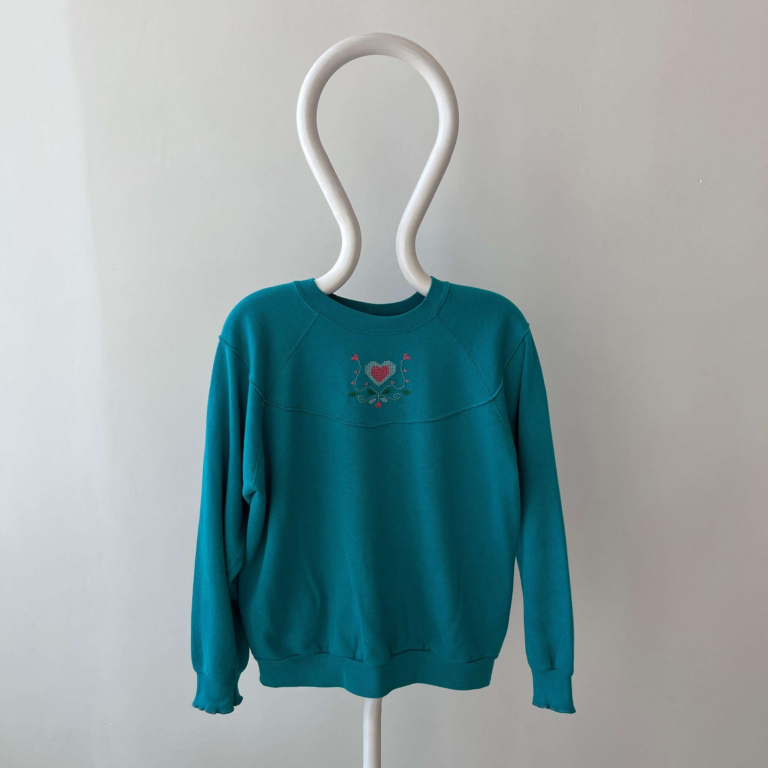 1980s DIY Needlepoint (?) Ruffle Cuffed Heart Sweatshirt - Aww