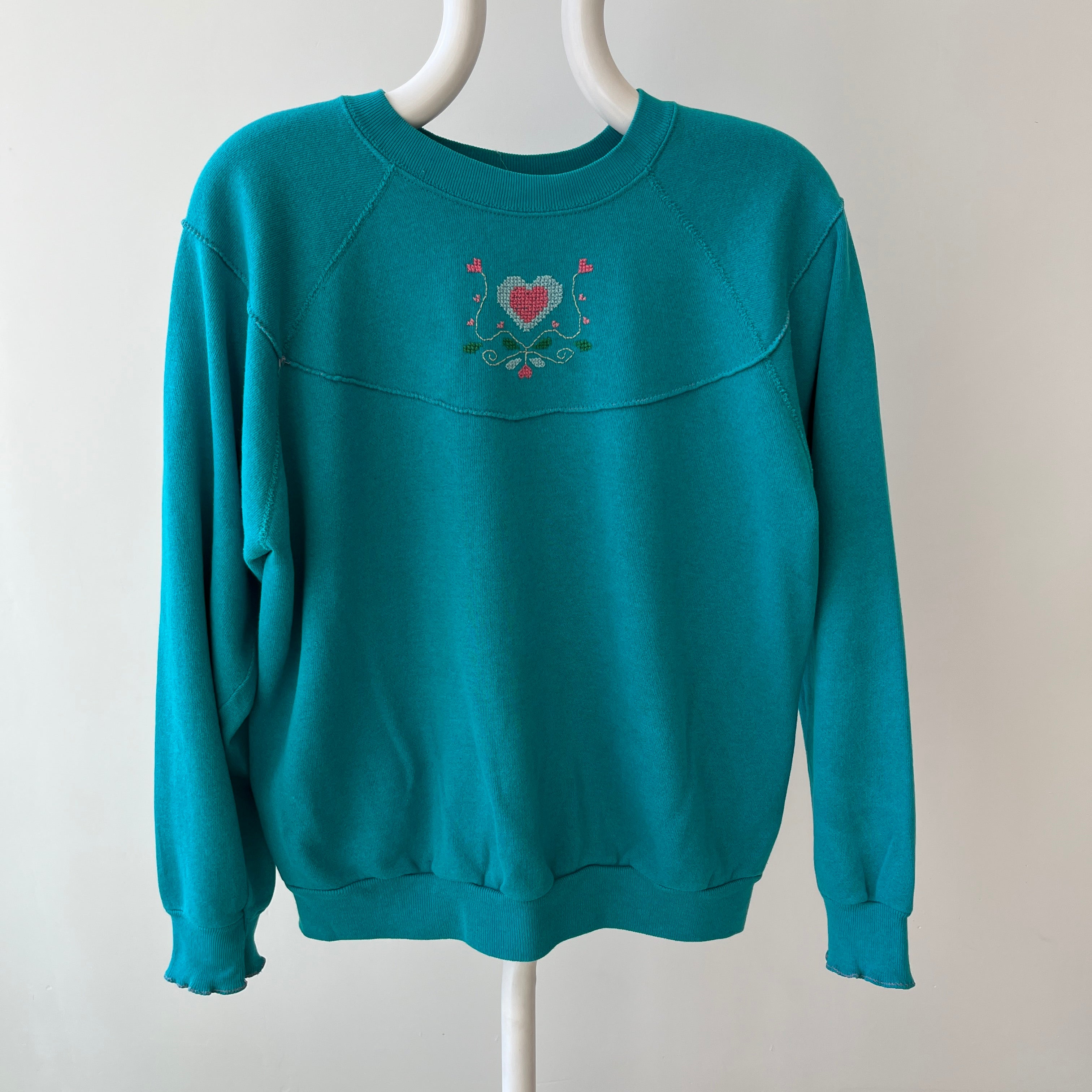 1980s DIY Needlepoint (?) Ruffle Cuffed Heart Sweatshirt - Aww