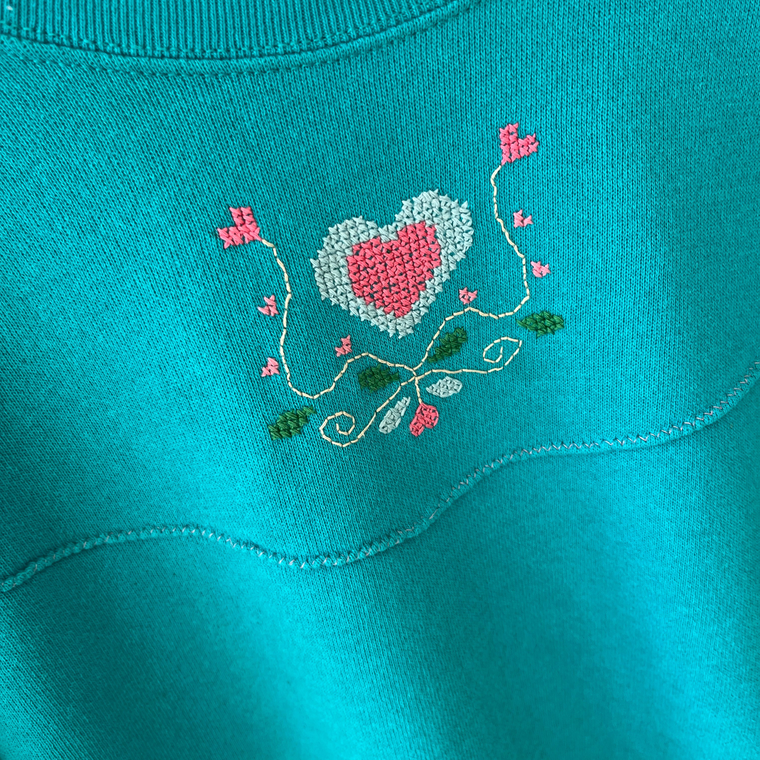 1980s DIY Needlepoint (?) Ruffle Cuffed Heart Sweatshirt - Aww