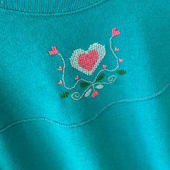 1980s DIY Needlepoint (?) Ruffle Cuffed Heart Sweatshirt - Aww